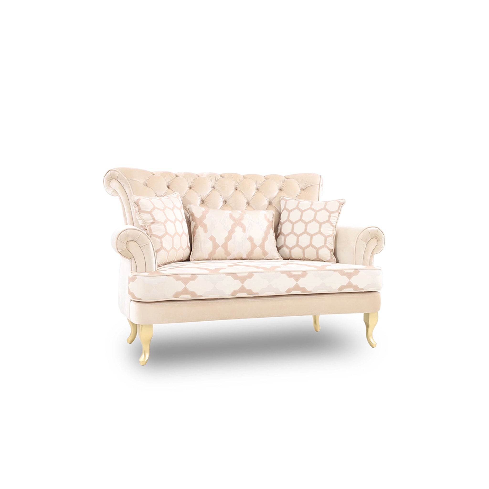 Beige patterned sofa with decorative pillows on a white background