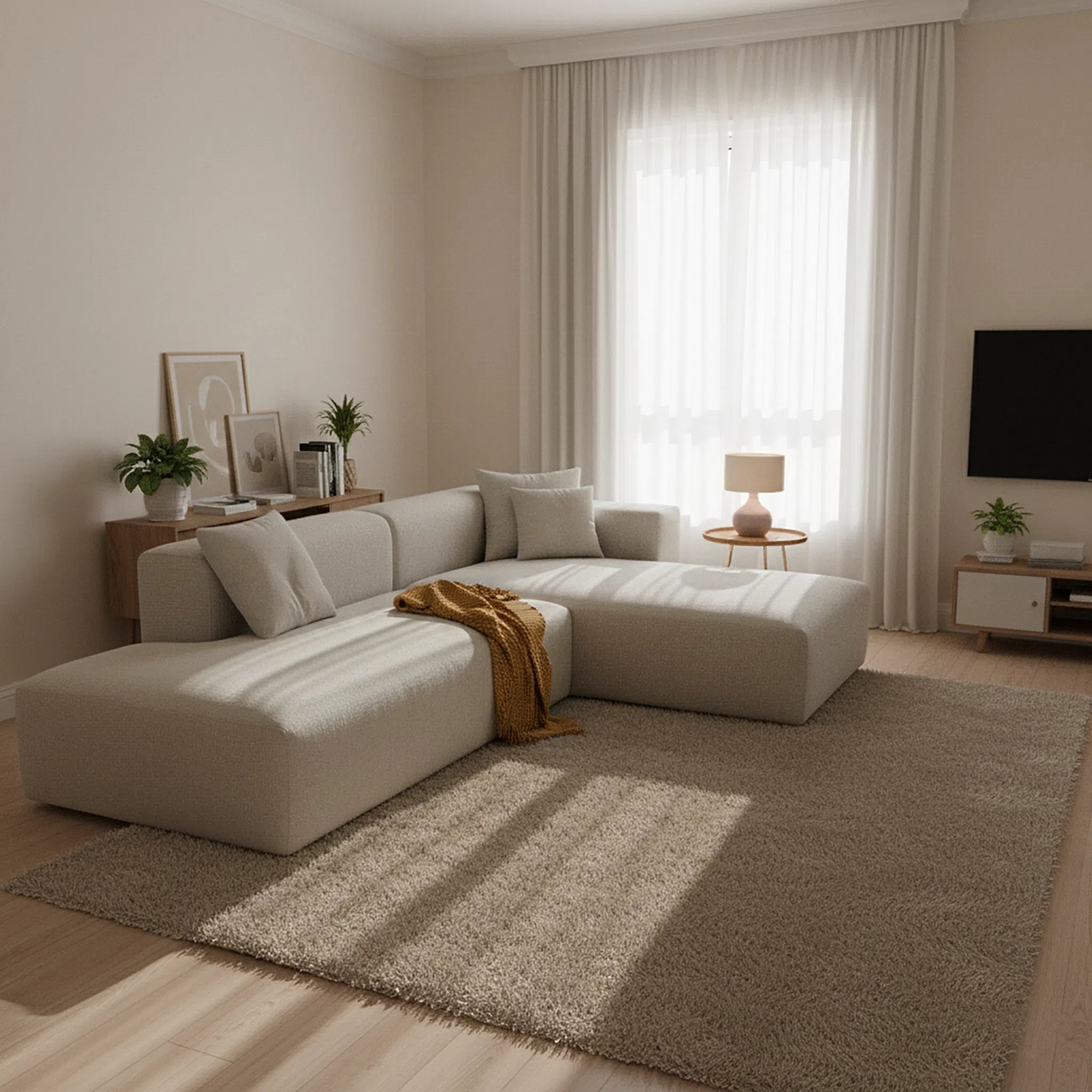 Modern living room with a beige sectional sofa, coffee table, and decorative items.