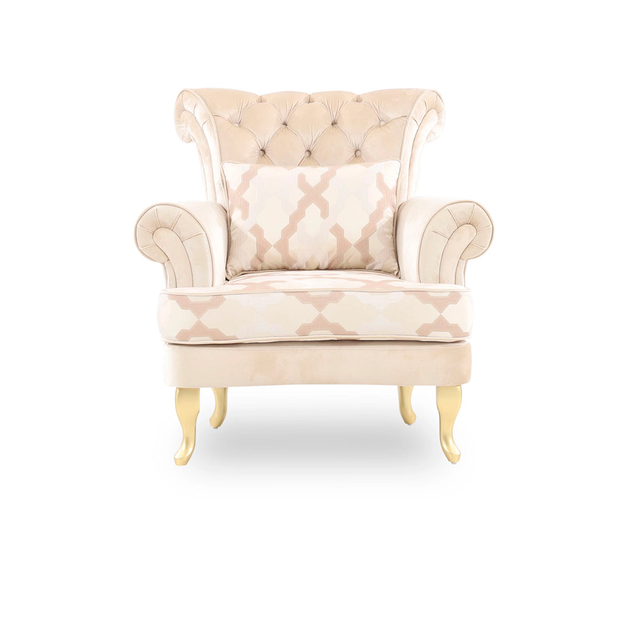 Beige armchair with a patterned cushion on a white background