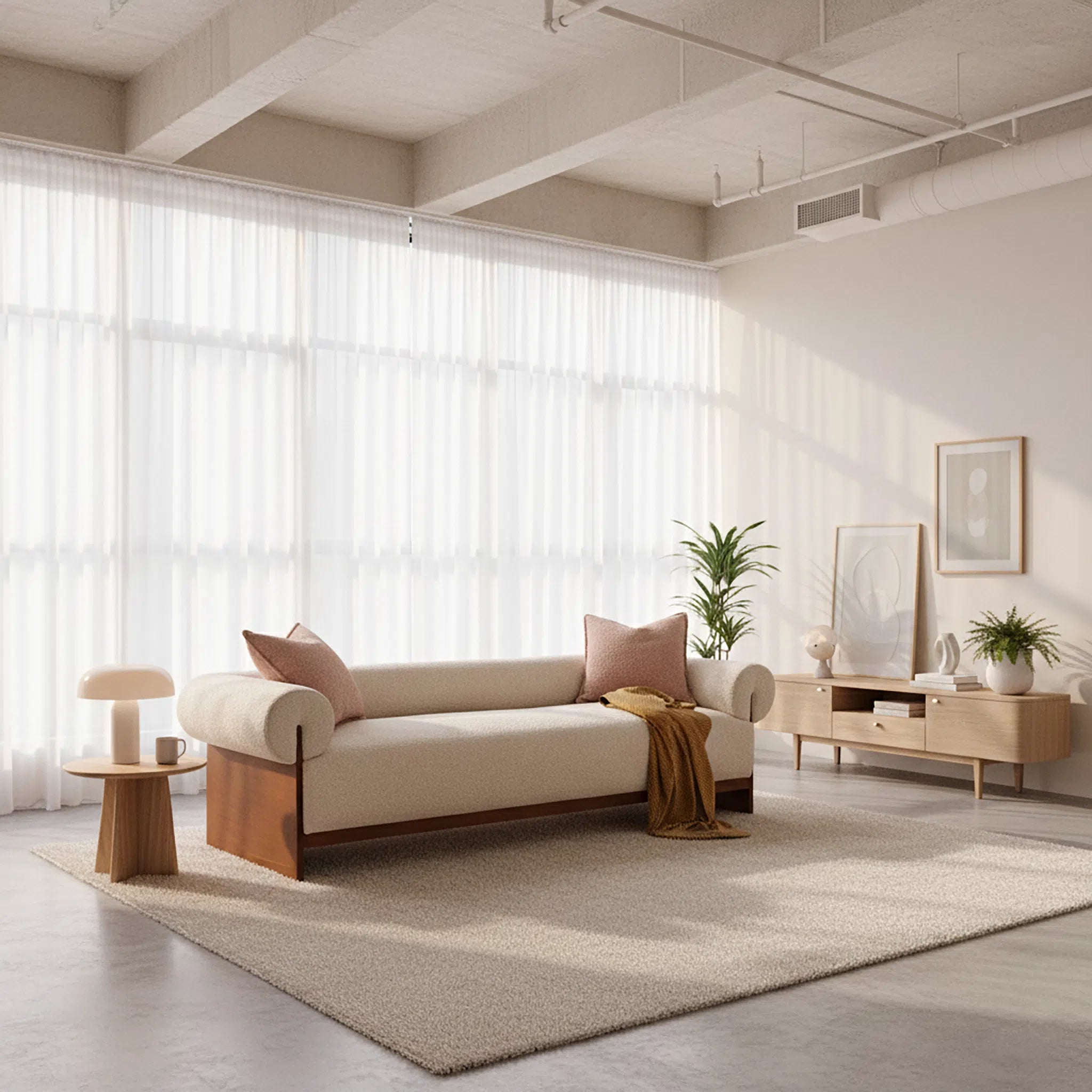 Modern living room with a beige sofa, wooden side table, and decorative items.