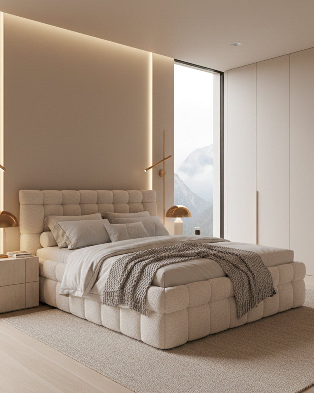 Modern bedroom with a large bed and large window