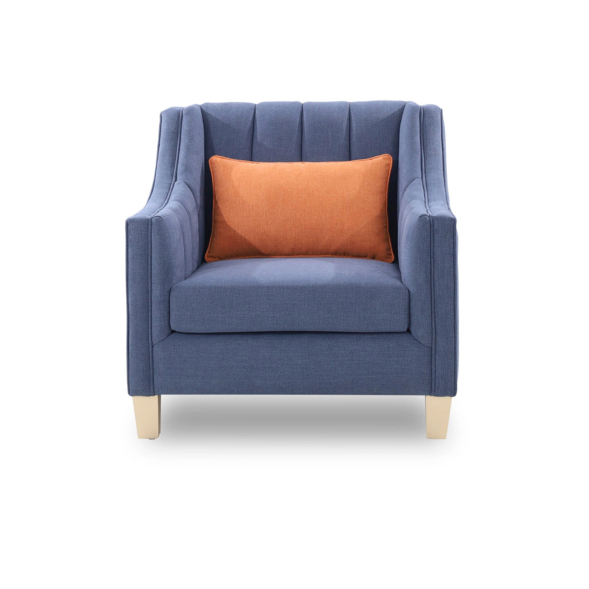 Blue armchair with an orange pillow on a white background