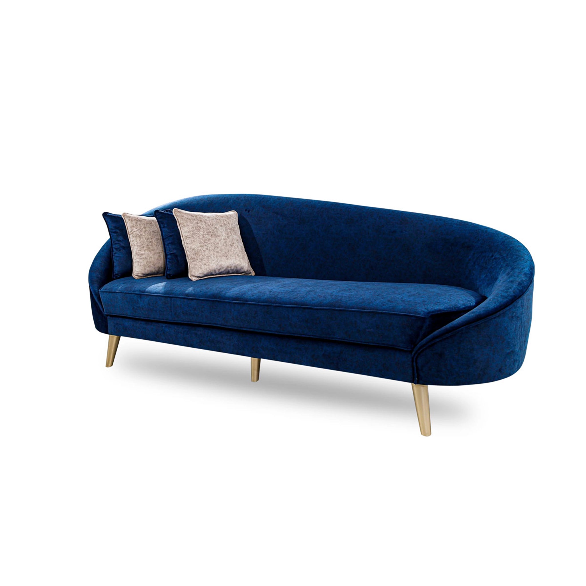 Blue sofa with two cushions on a white background
