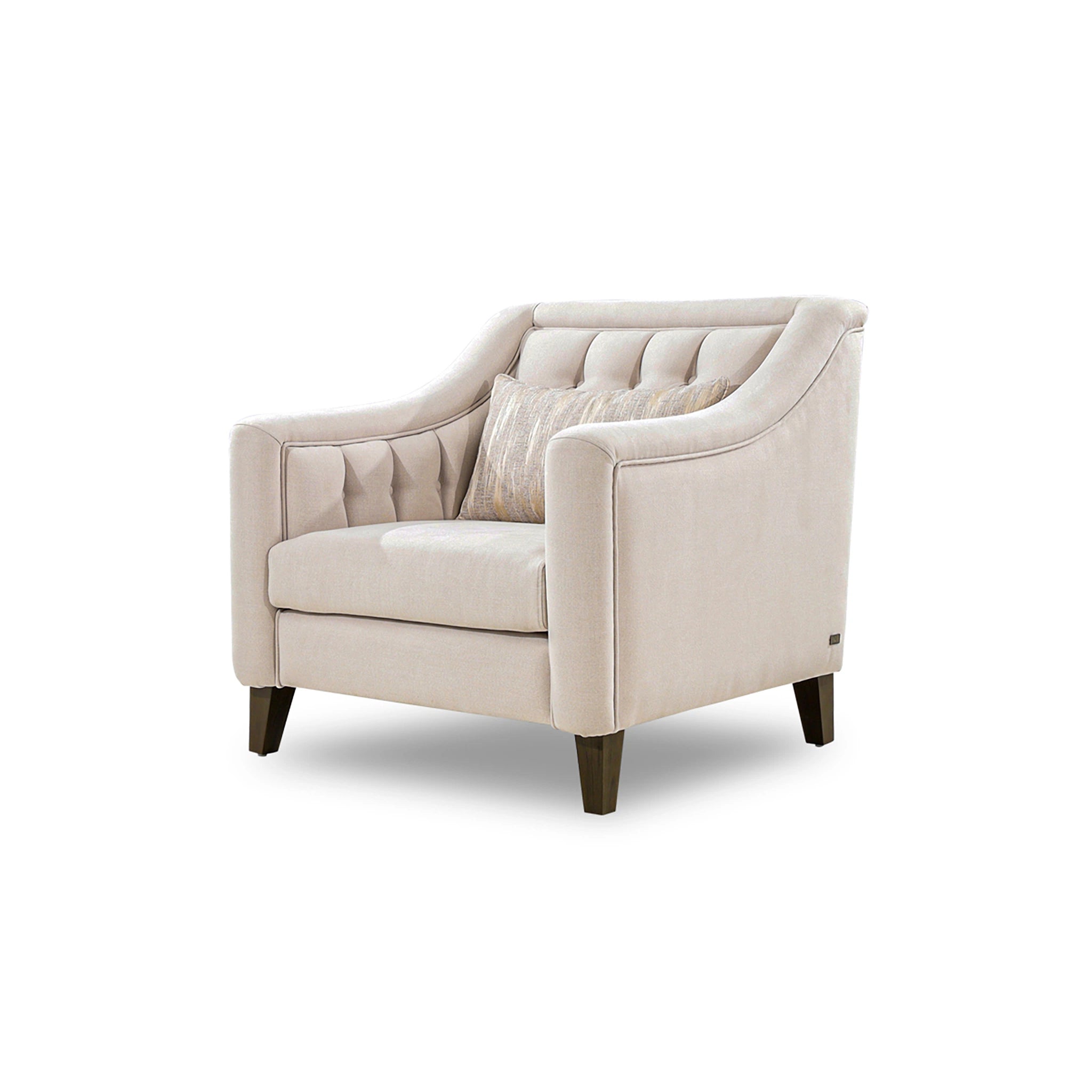 Beige armchair with quilted details on a white background