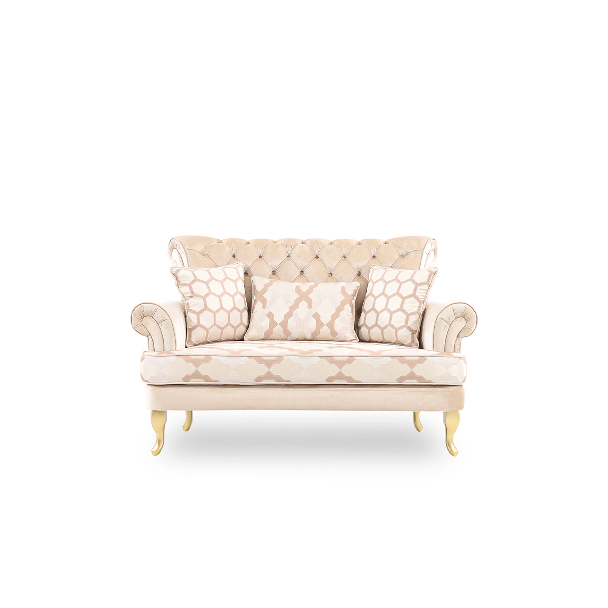 Beige sofa with decorative pillows on a white background