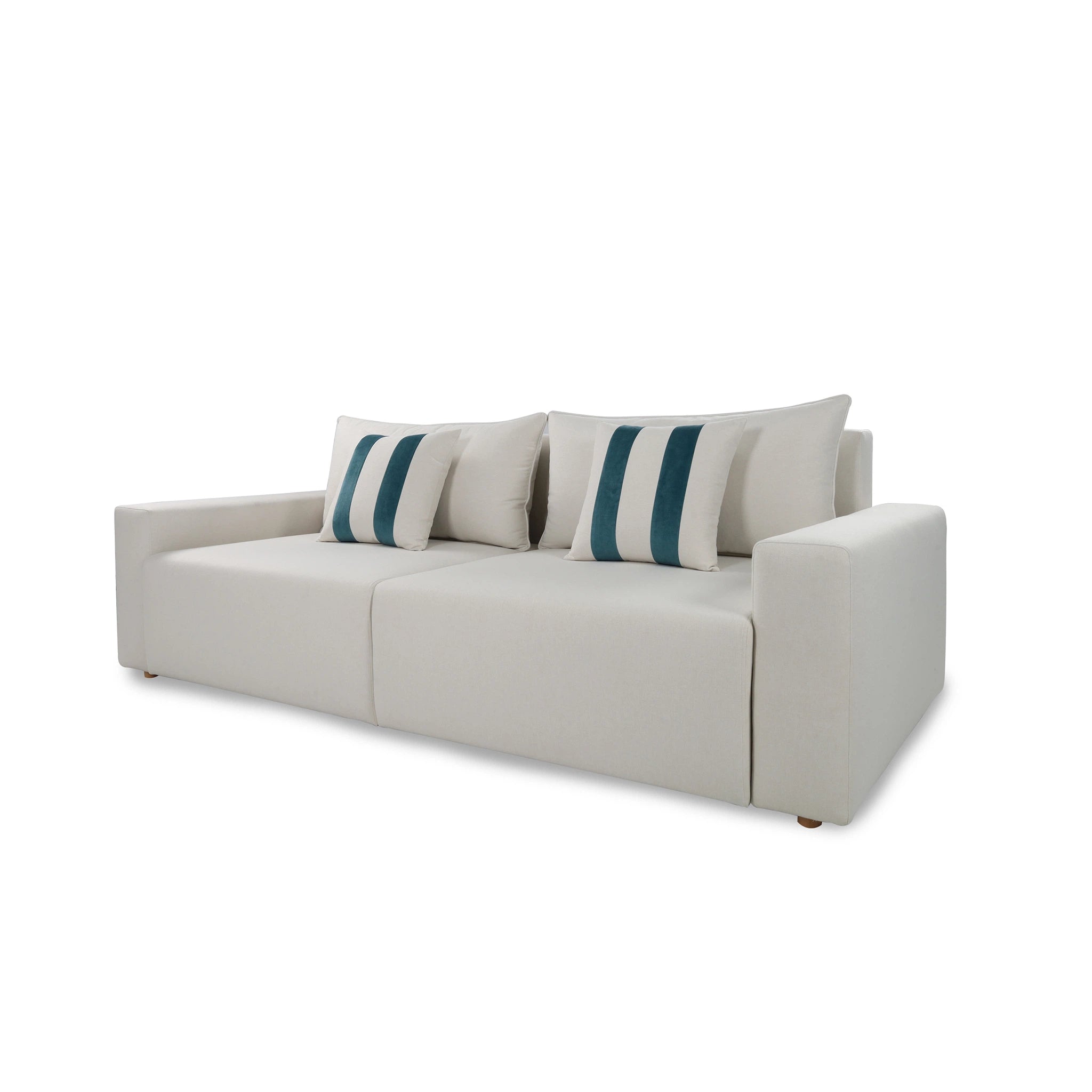 Beige sofa with striped cushions on a white background