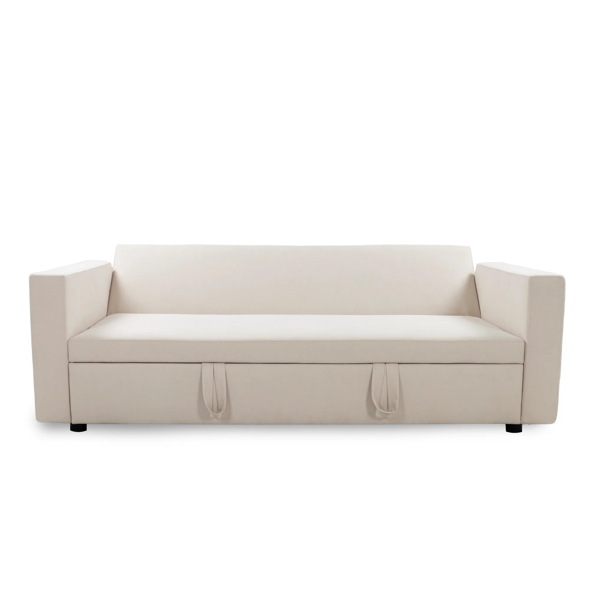 Beige sofa with storage compartments on a white background