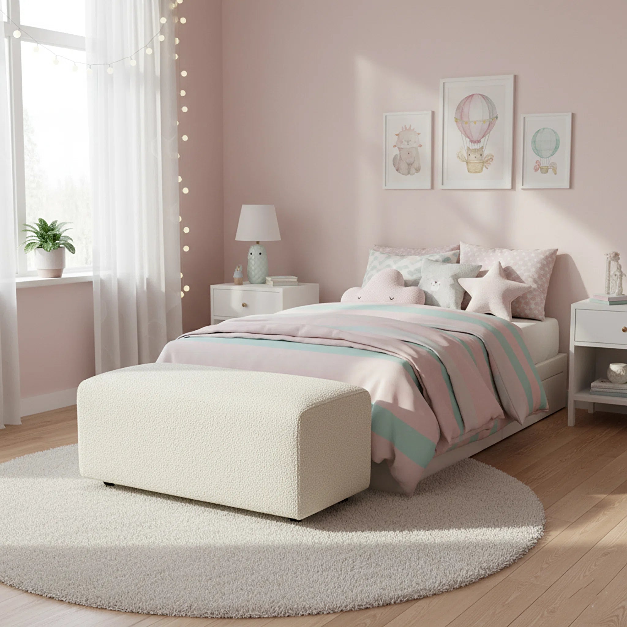 Children's bedroom with pink walls, bed, and decor