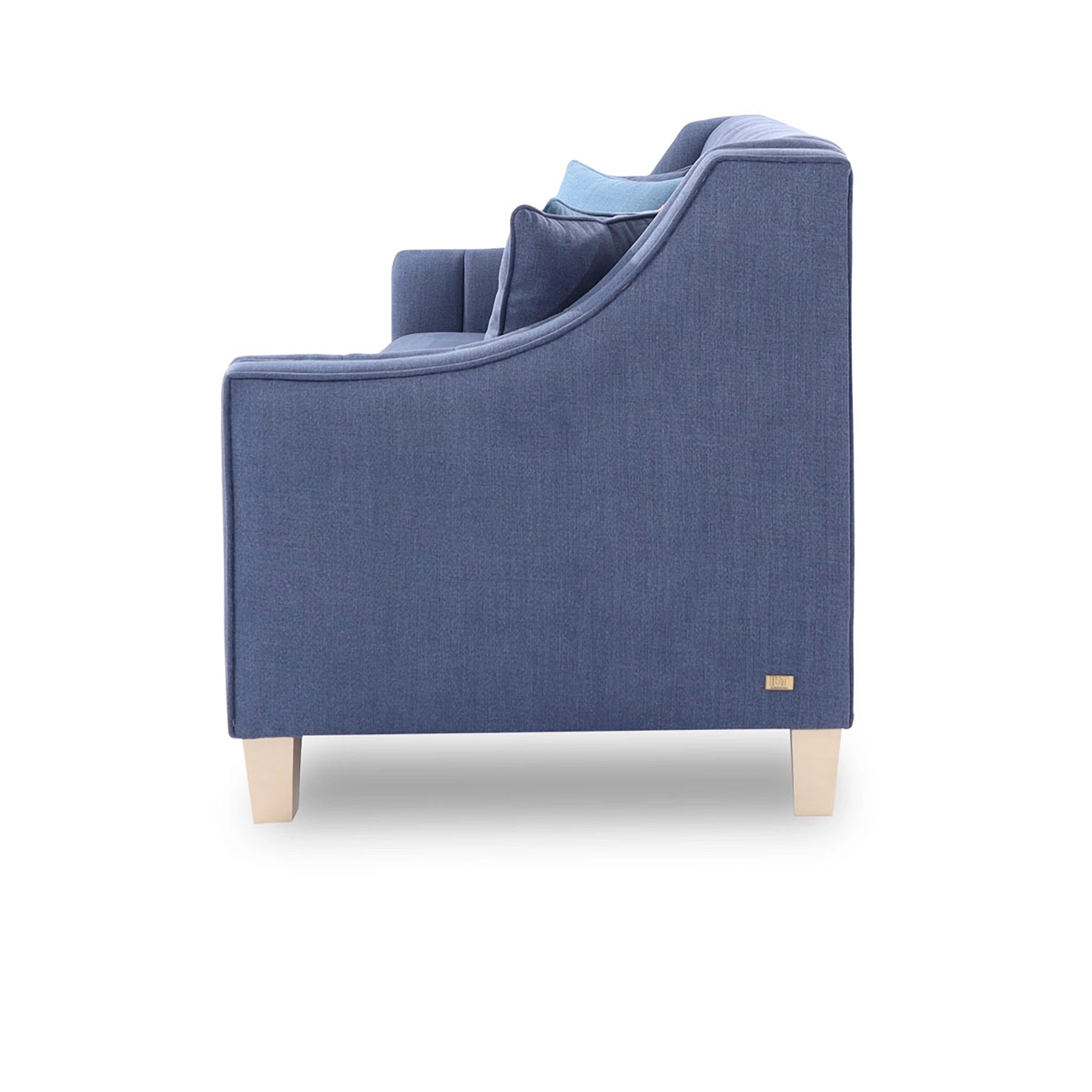 Blue sofa with wooden legs on a white background
