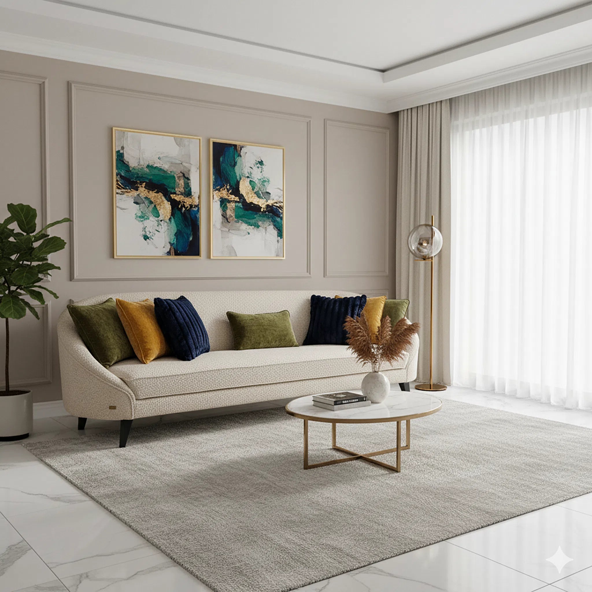 Modern living room with a beige sofa, decorative pillows, and abstract art on the wall.