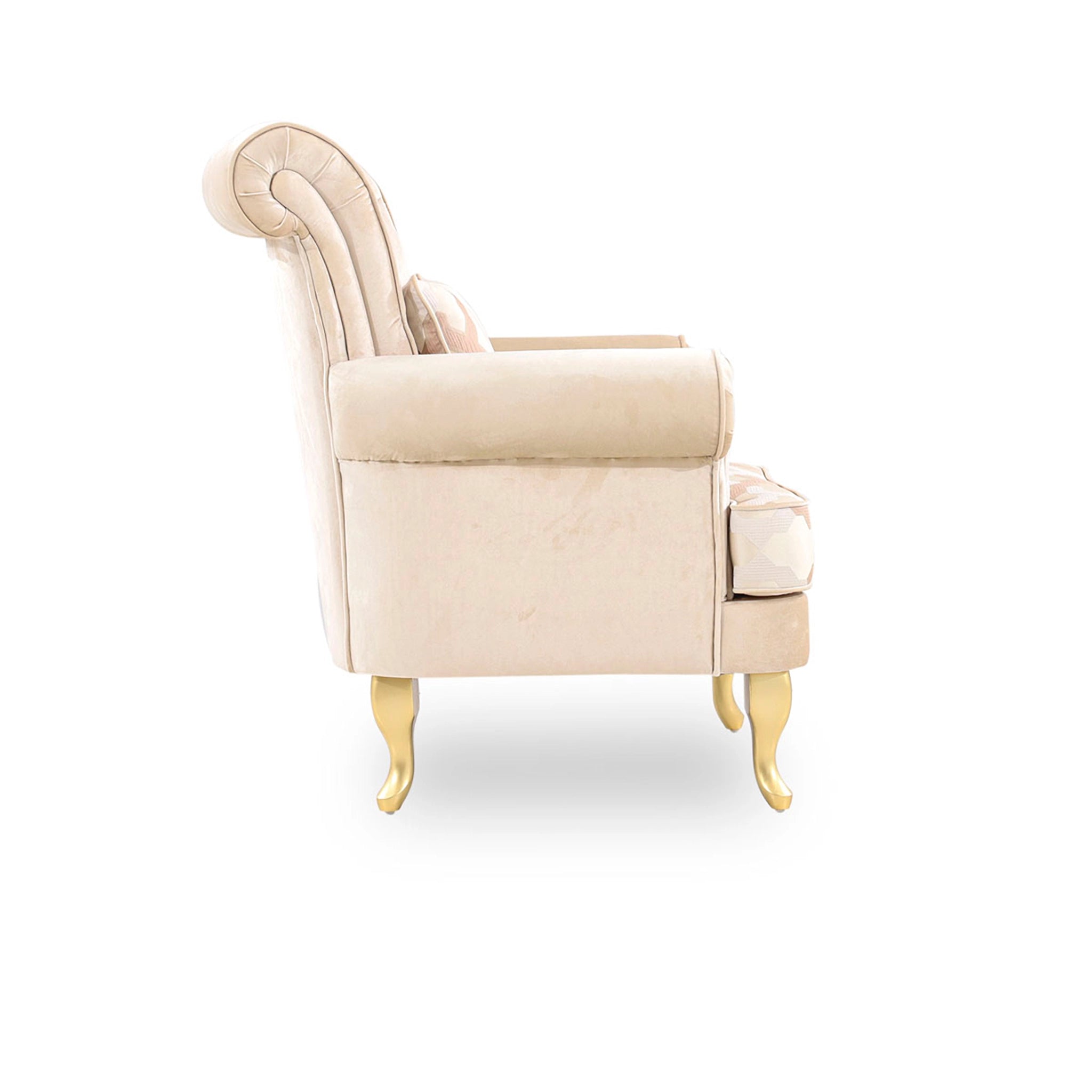 Beige armchair with decorative armrests on a white background