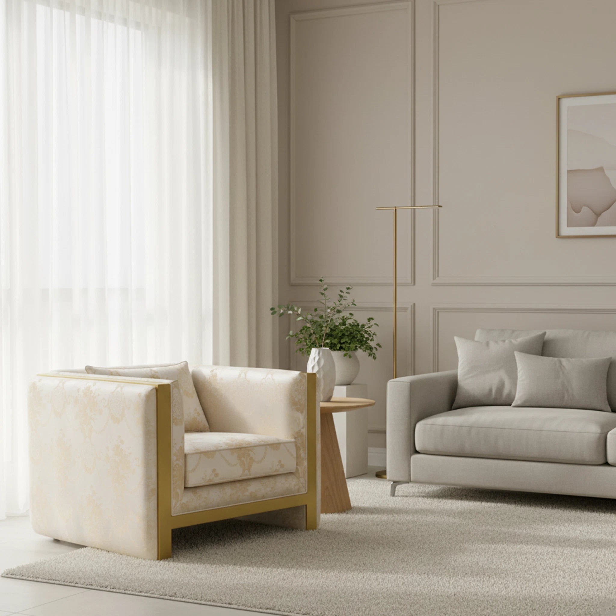 Modern living room with a beige armchair and sofa against a neutral wall.