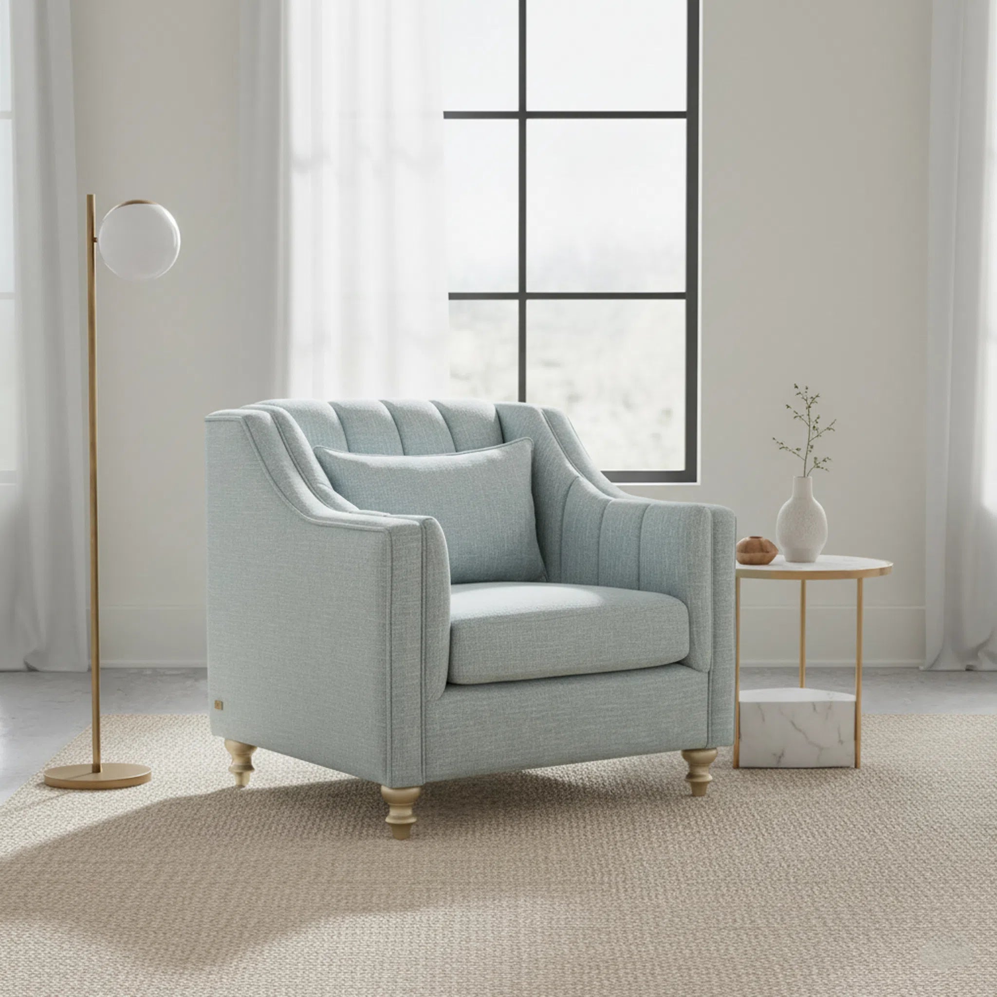 Light blue armchair in a modern living room with a floor lamp and side table.