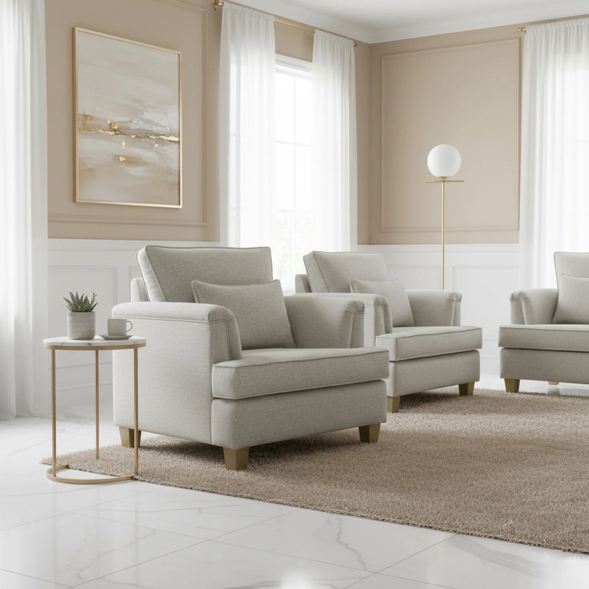 Modern living room with beige armchairs, a side table, and decorative elements.