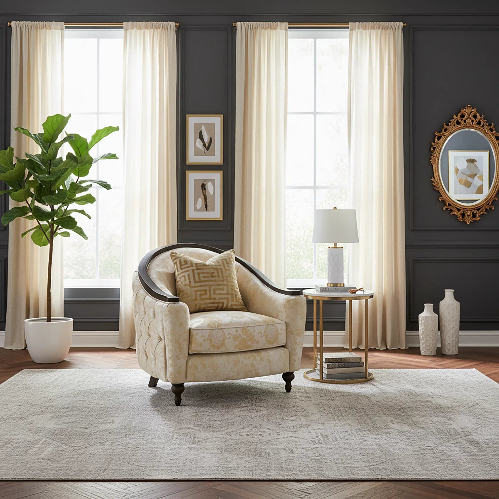 Living room with beige armchair, side table, and decorative elements.