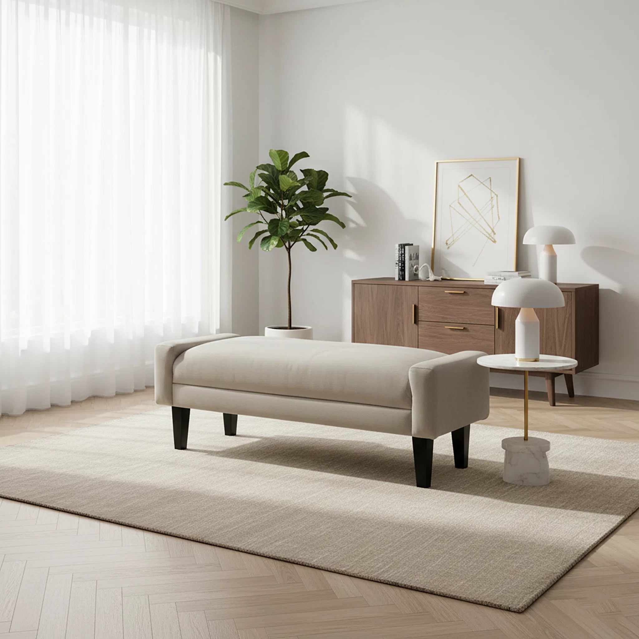 Modern living room with a beige bench, wooden side table, and decorative items.