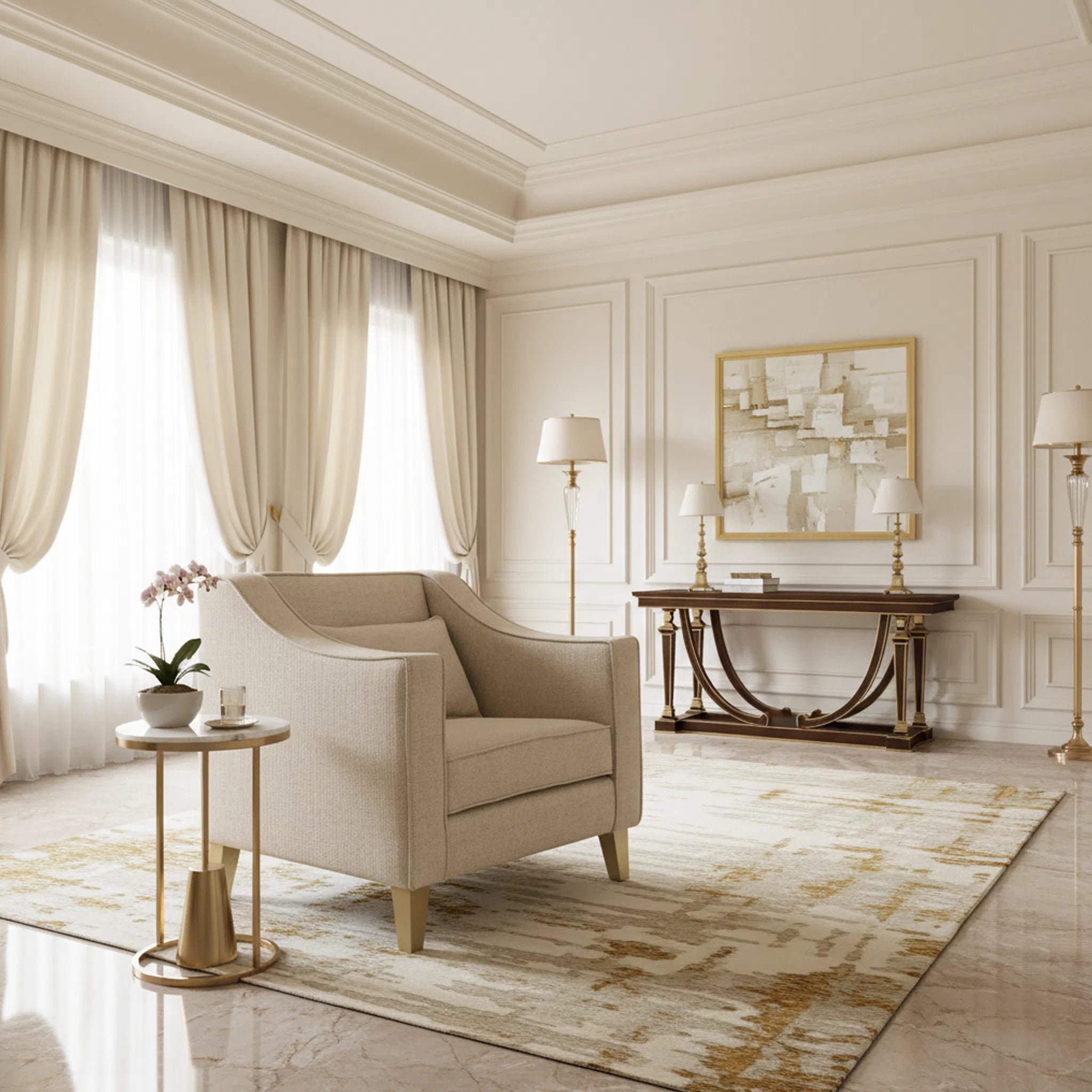 Luxurious living room with beige armchair, side table, and decorative elements.