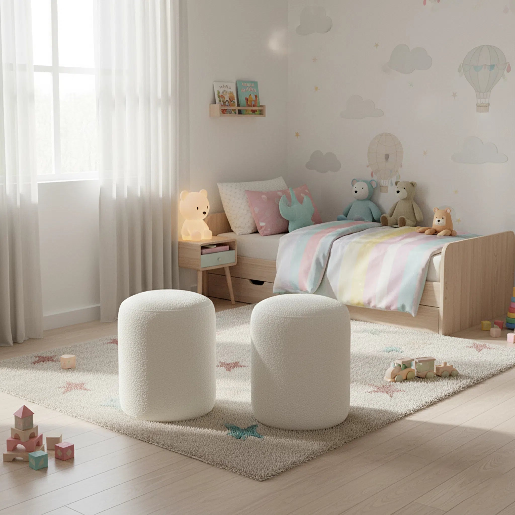 Children's bedroom with a bed, toys, and two white ottomans.