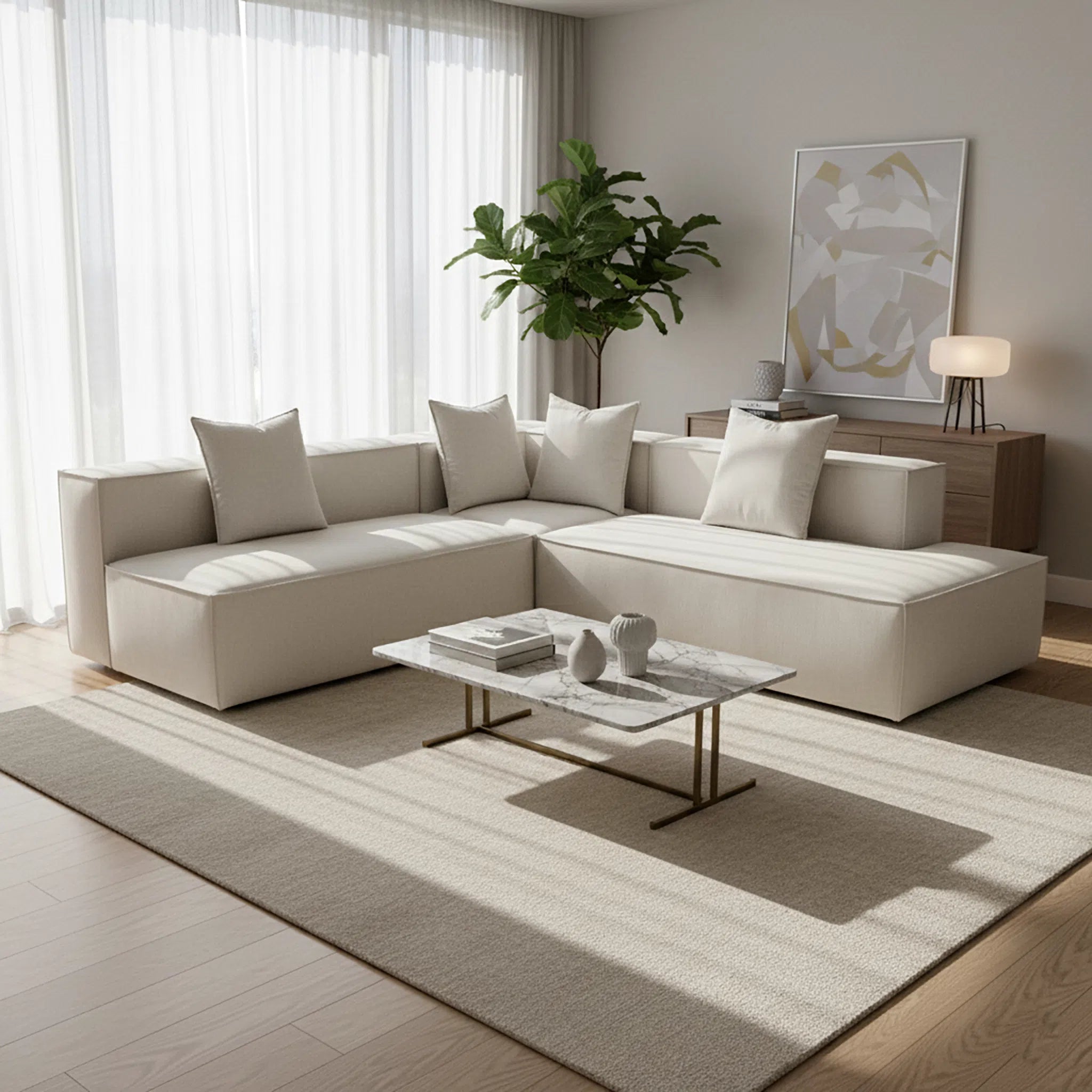 Modern living room with a beige sectional sofa, coffee table, and abstract art on the wall.