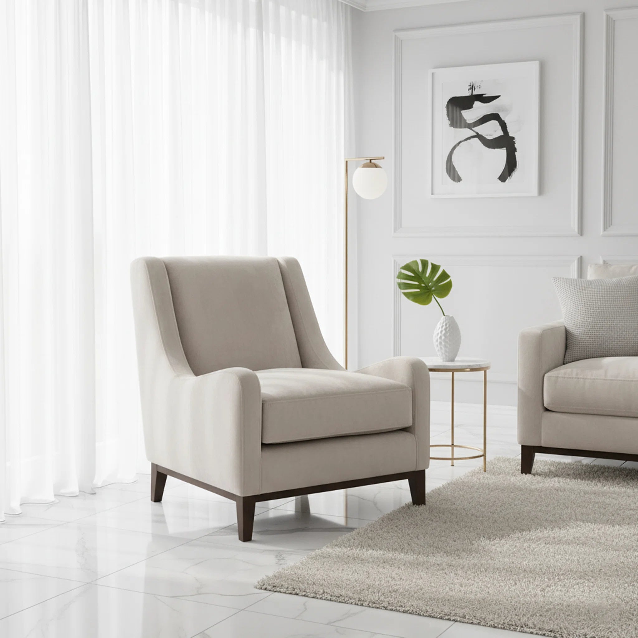 Beige armchair in a modern living room with white walls and decor.