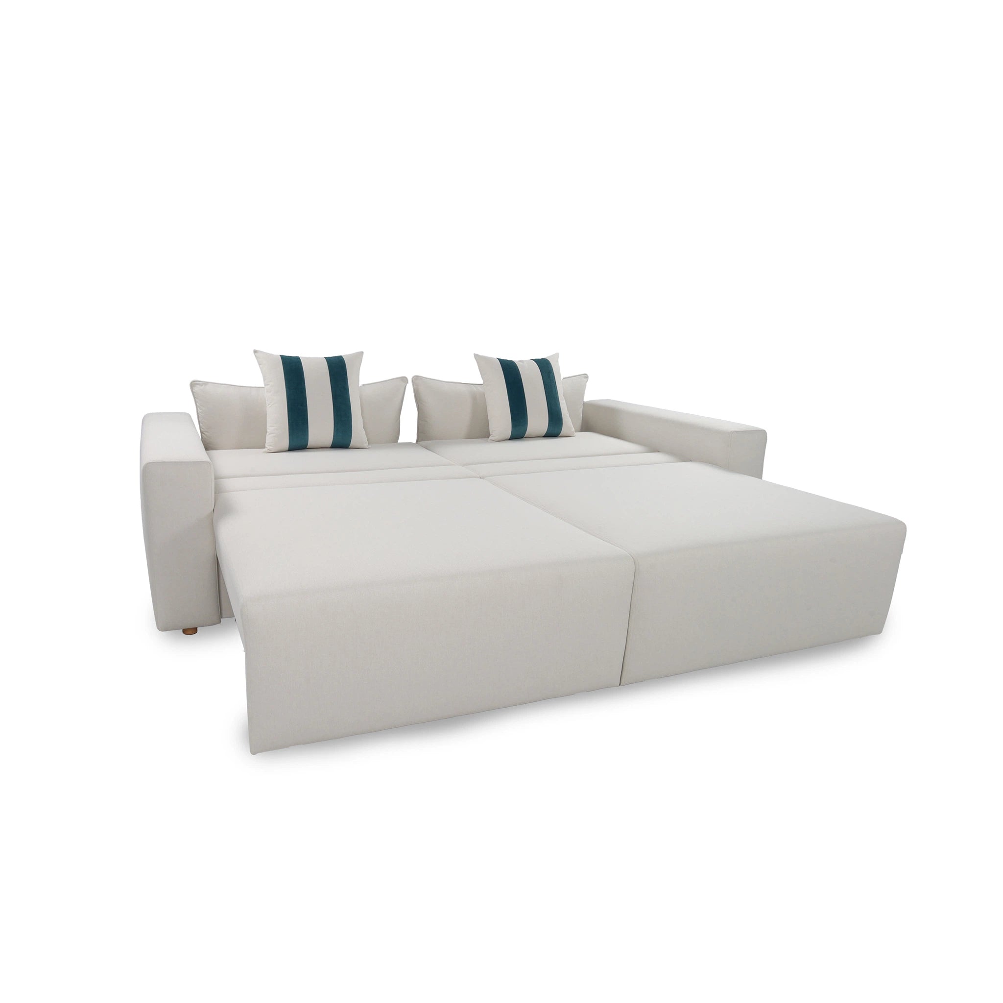 White sectional sofa with striped cushions on a white background