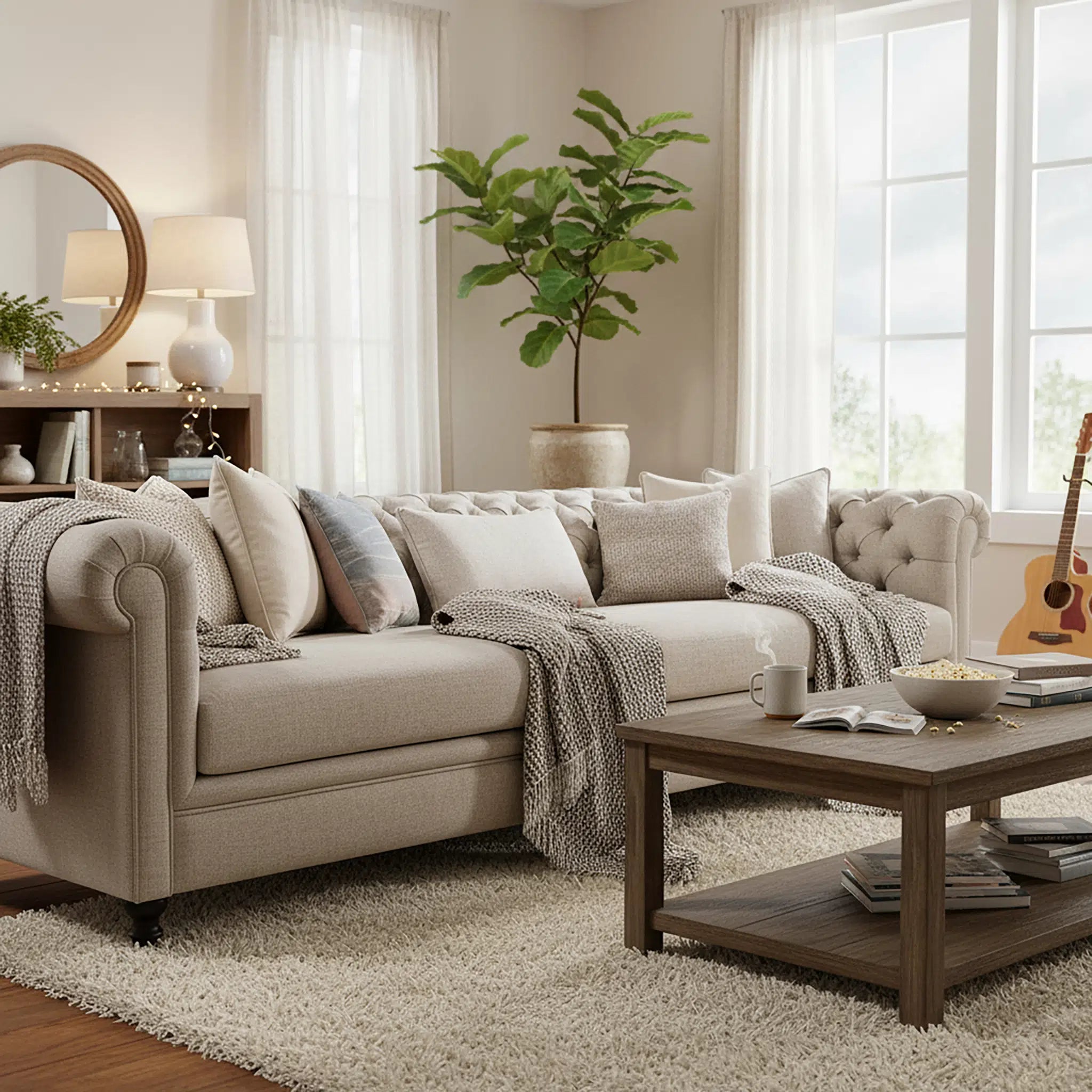 Cozy living room with beige sofa, wooden coffee table, and decorative items.