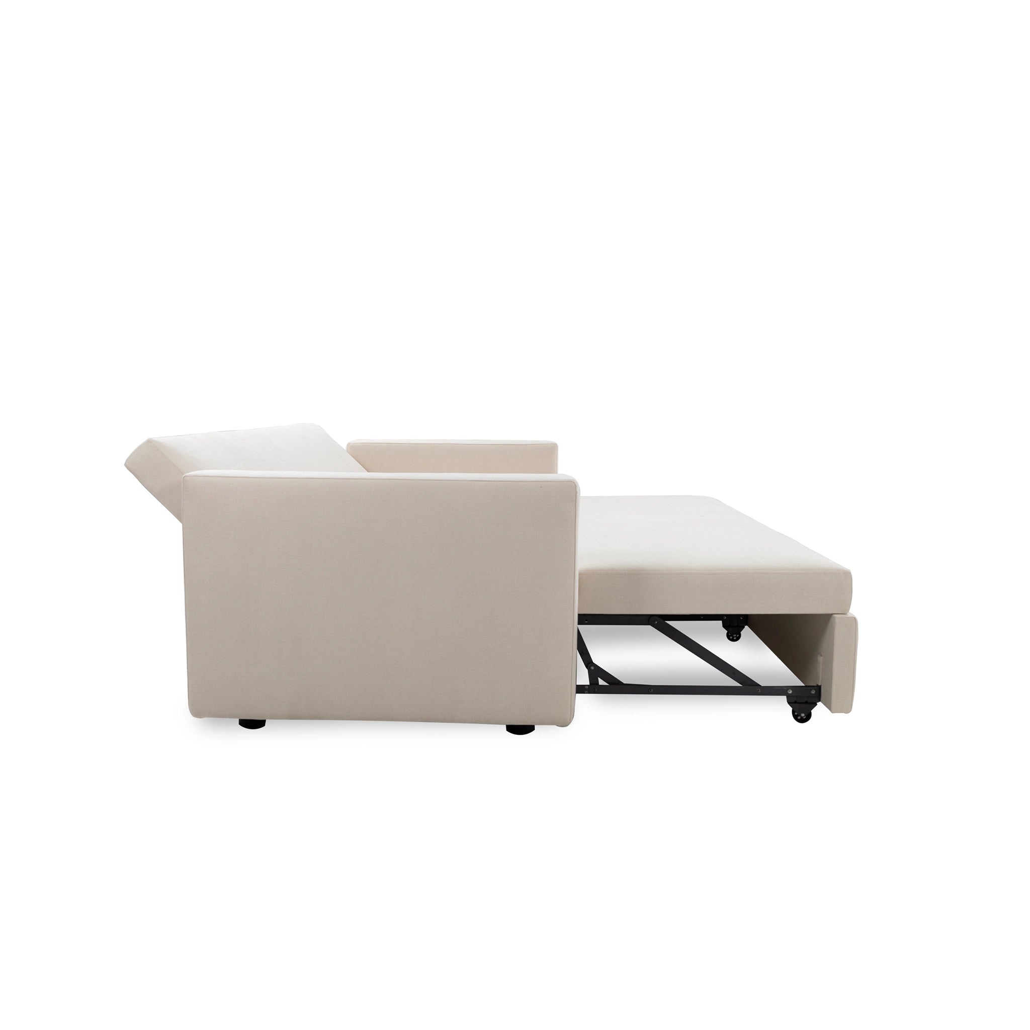 Beige sectional sofa with storage compartment on a white background