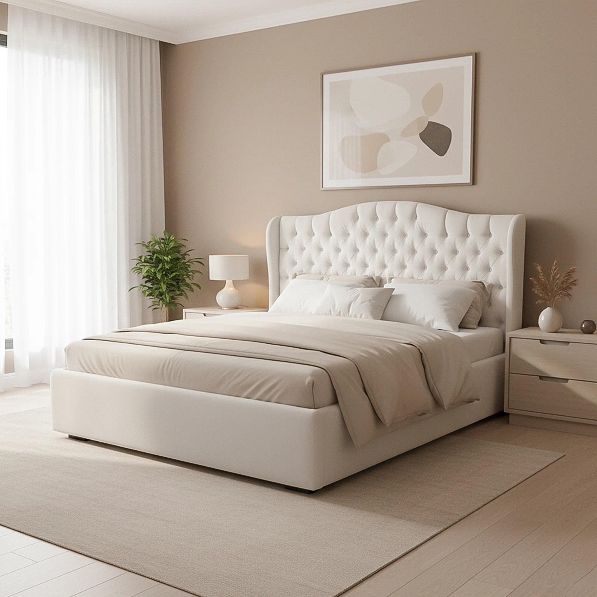 Neatly made bed in a modern bedroom with neutral tones