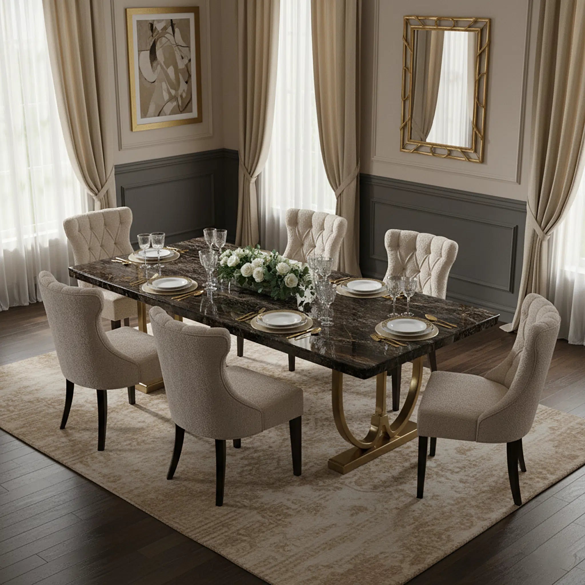 Elegant dining room with marble table and upholstered chairs.
