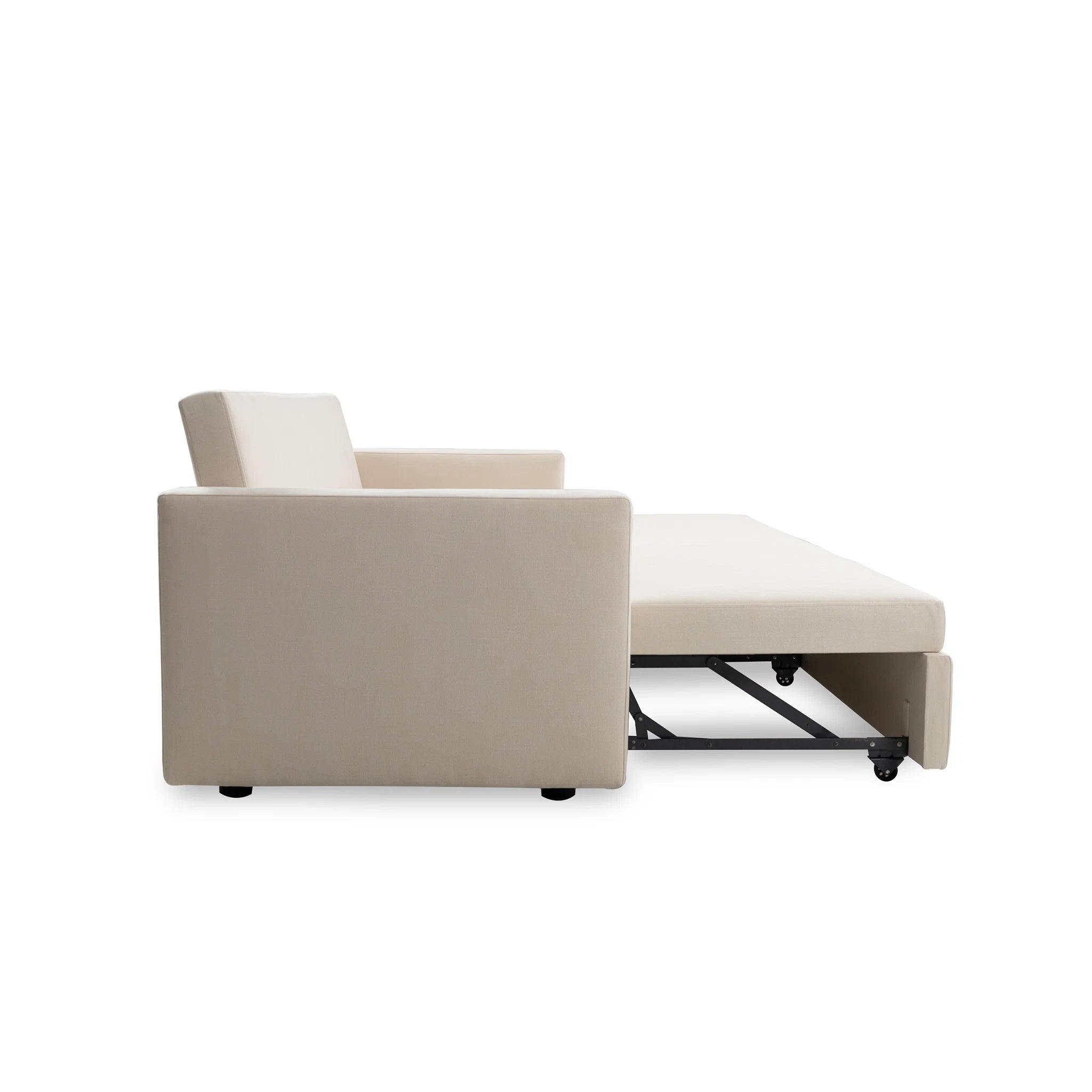 Beige sectional sofa with pull-out bed mechanism on a white background