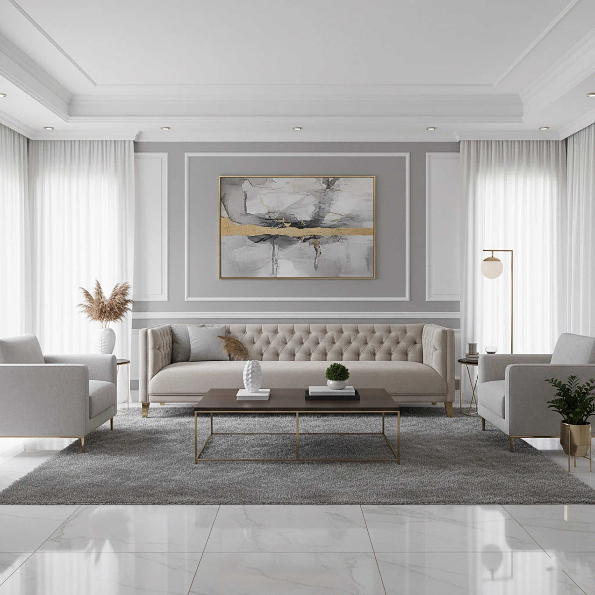 Modern living room with gray sofa, coffee table, and abstract art on the wall.