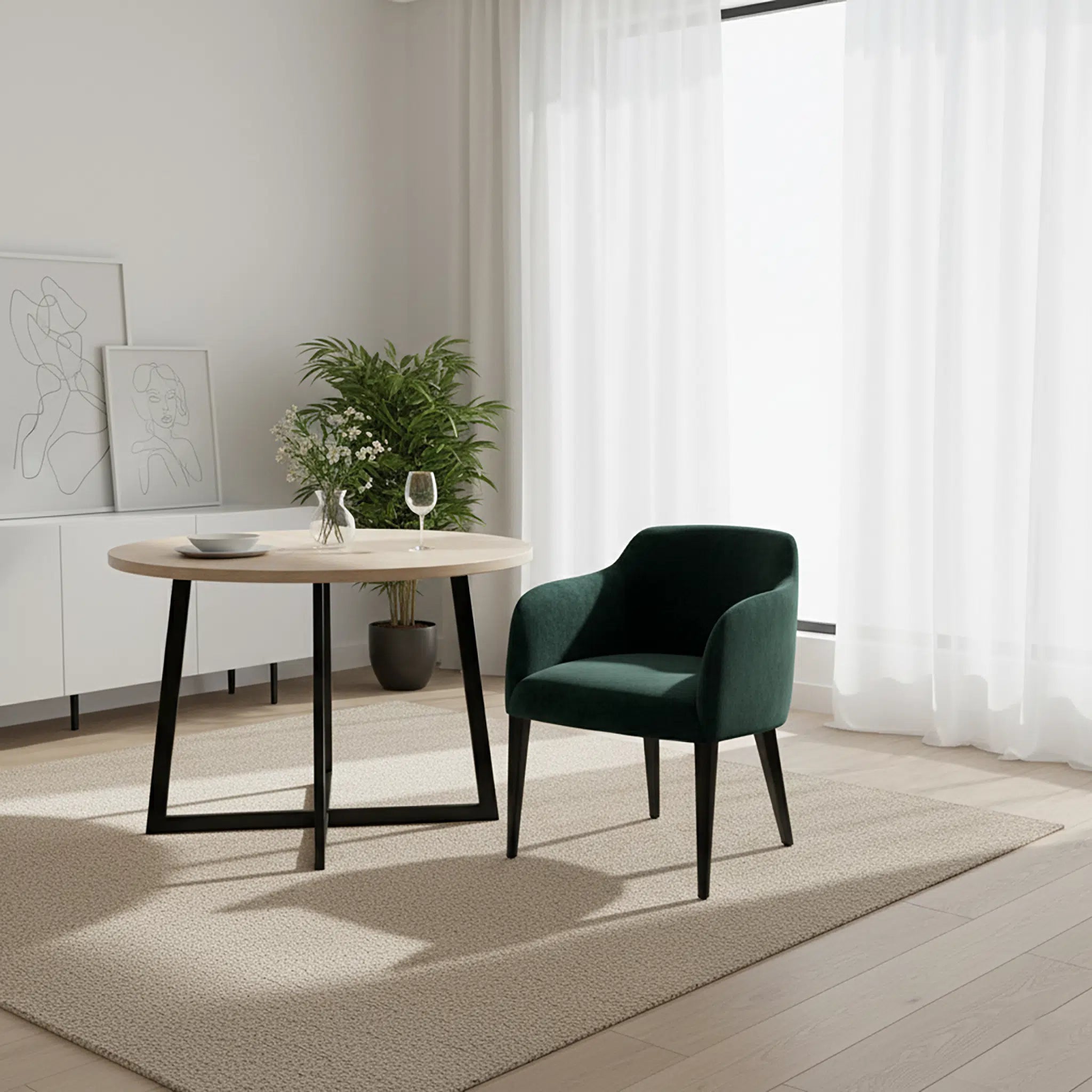 Modern interior with a round wooden table and green armchair near a window with white curtains.