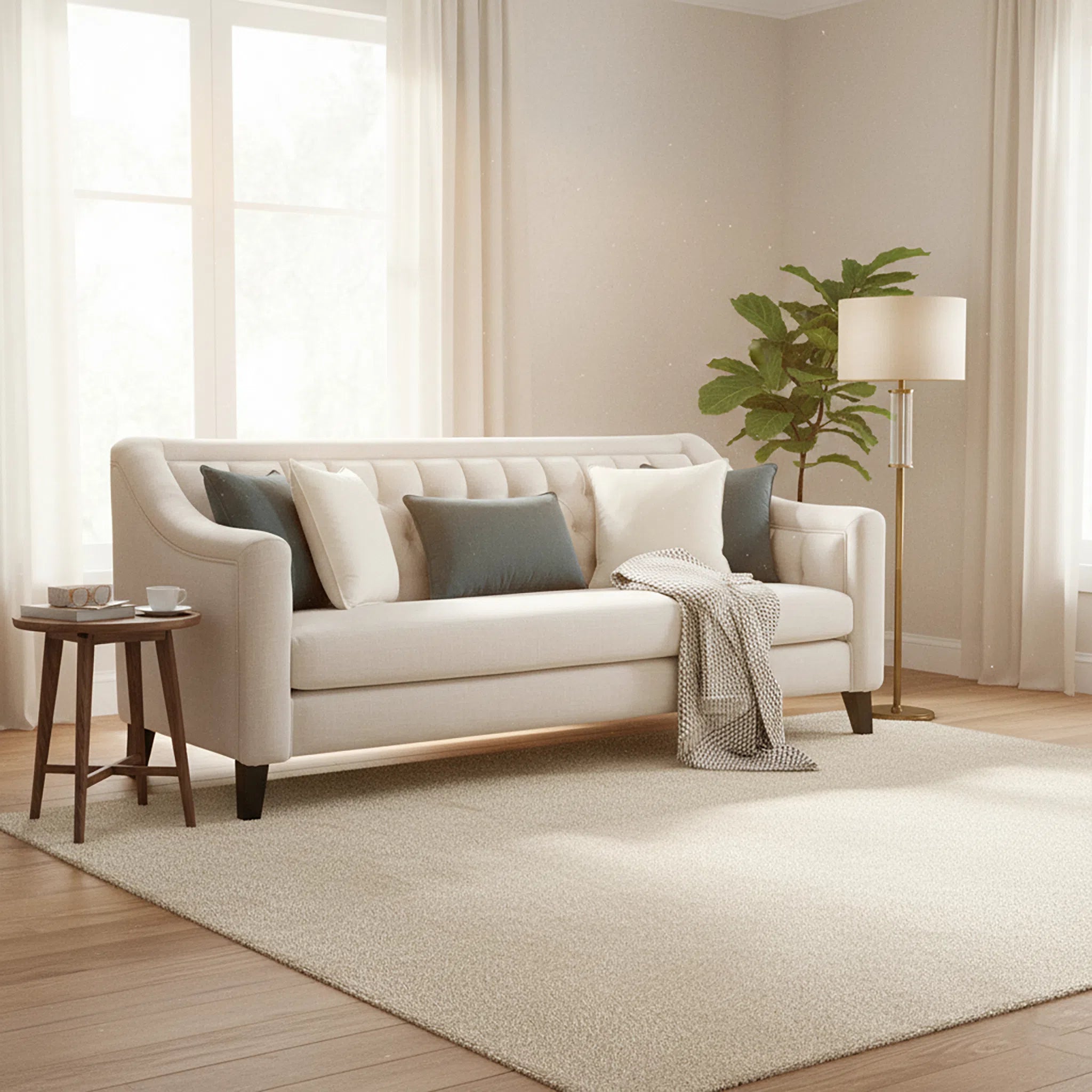 Beige sofa with cushions in a living room setting with a lamp and small table.