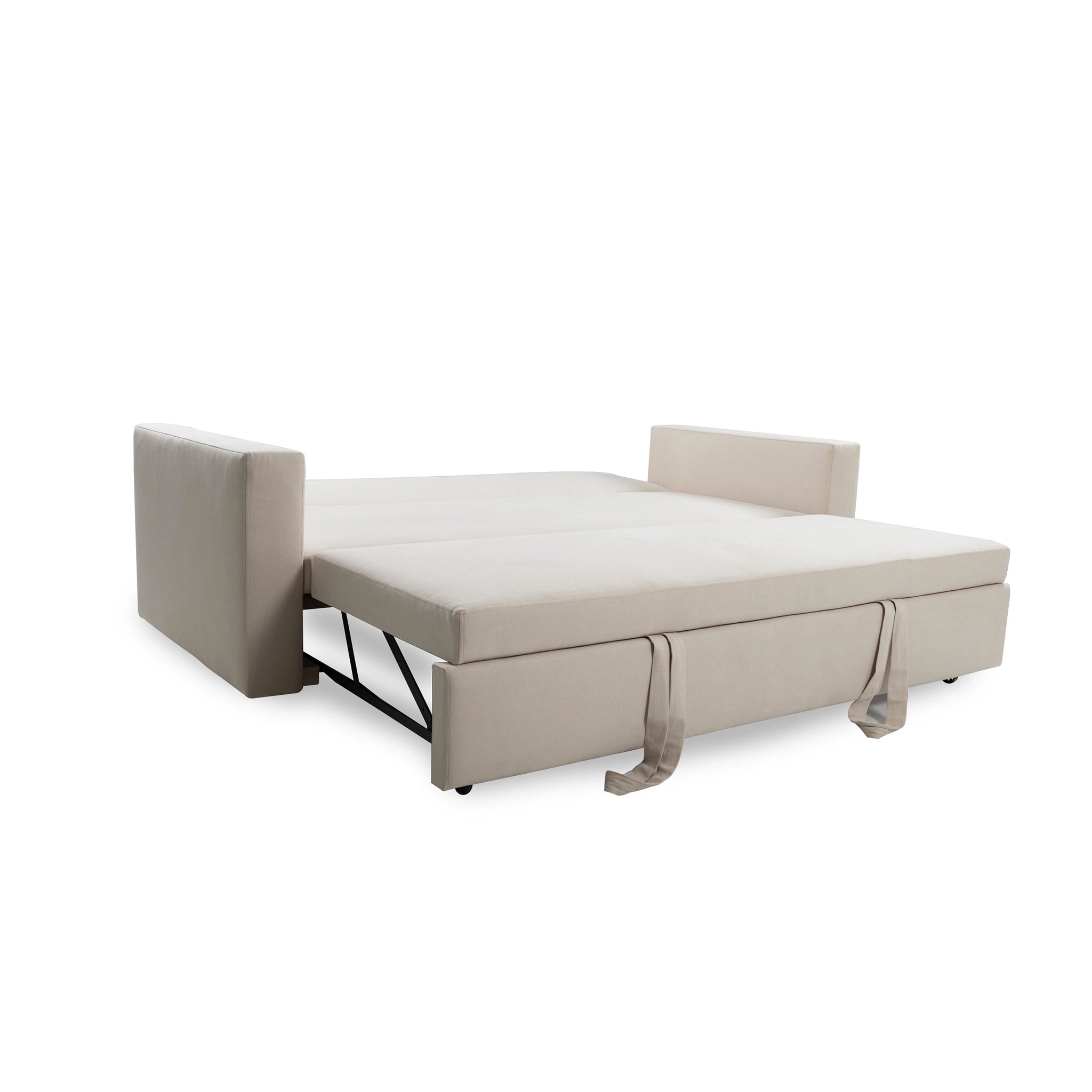 Beige sofa bed with storage compartment on a white background