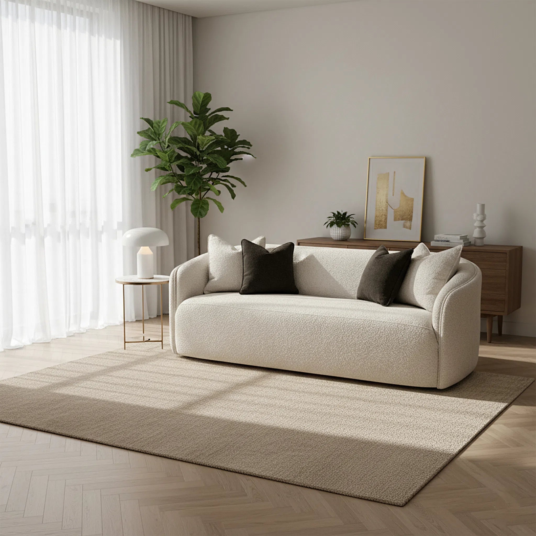 Modern living room with a beige sofa, side table, and decorative items.