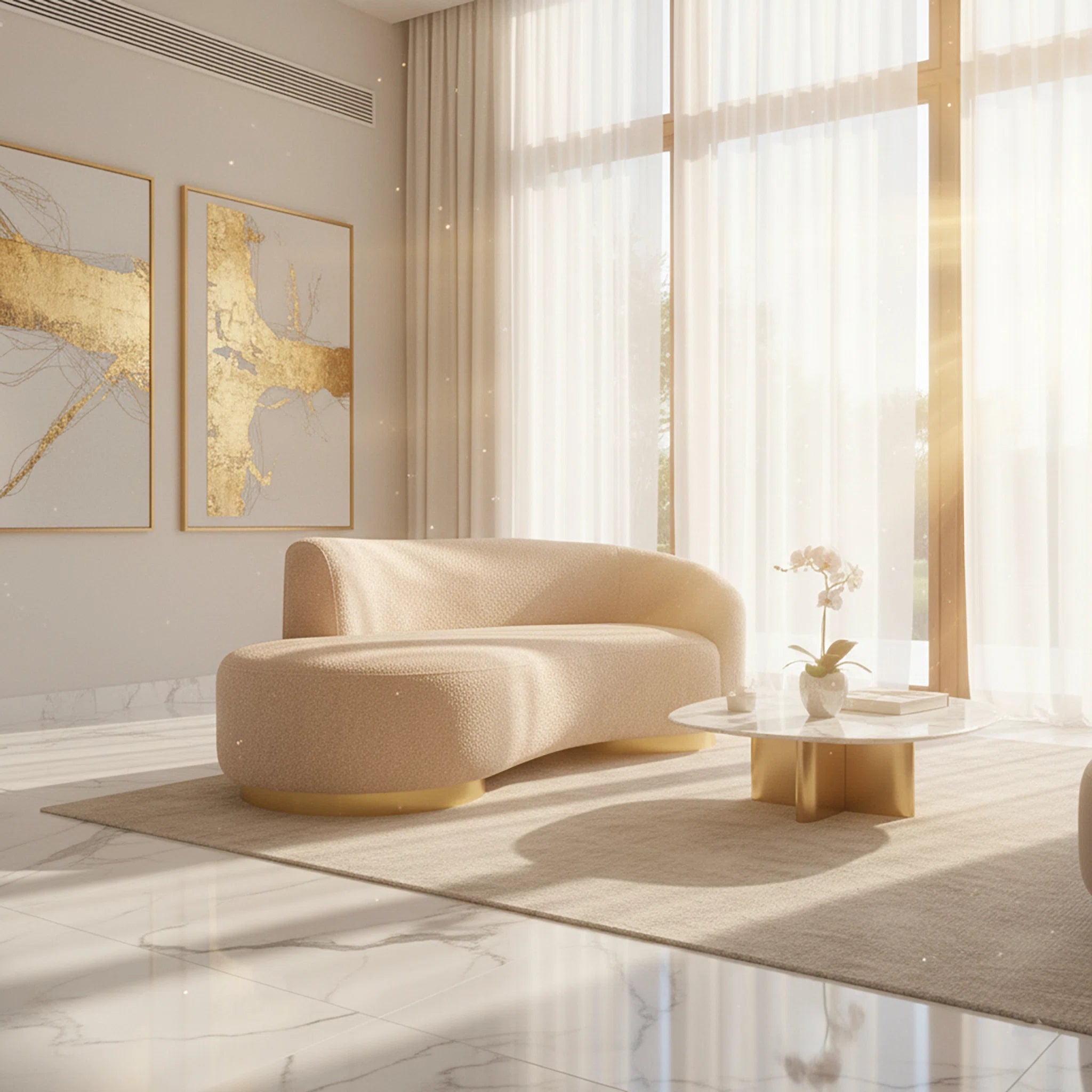 Modern living room with a beige sofa, coffee table, and large windows.