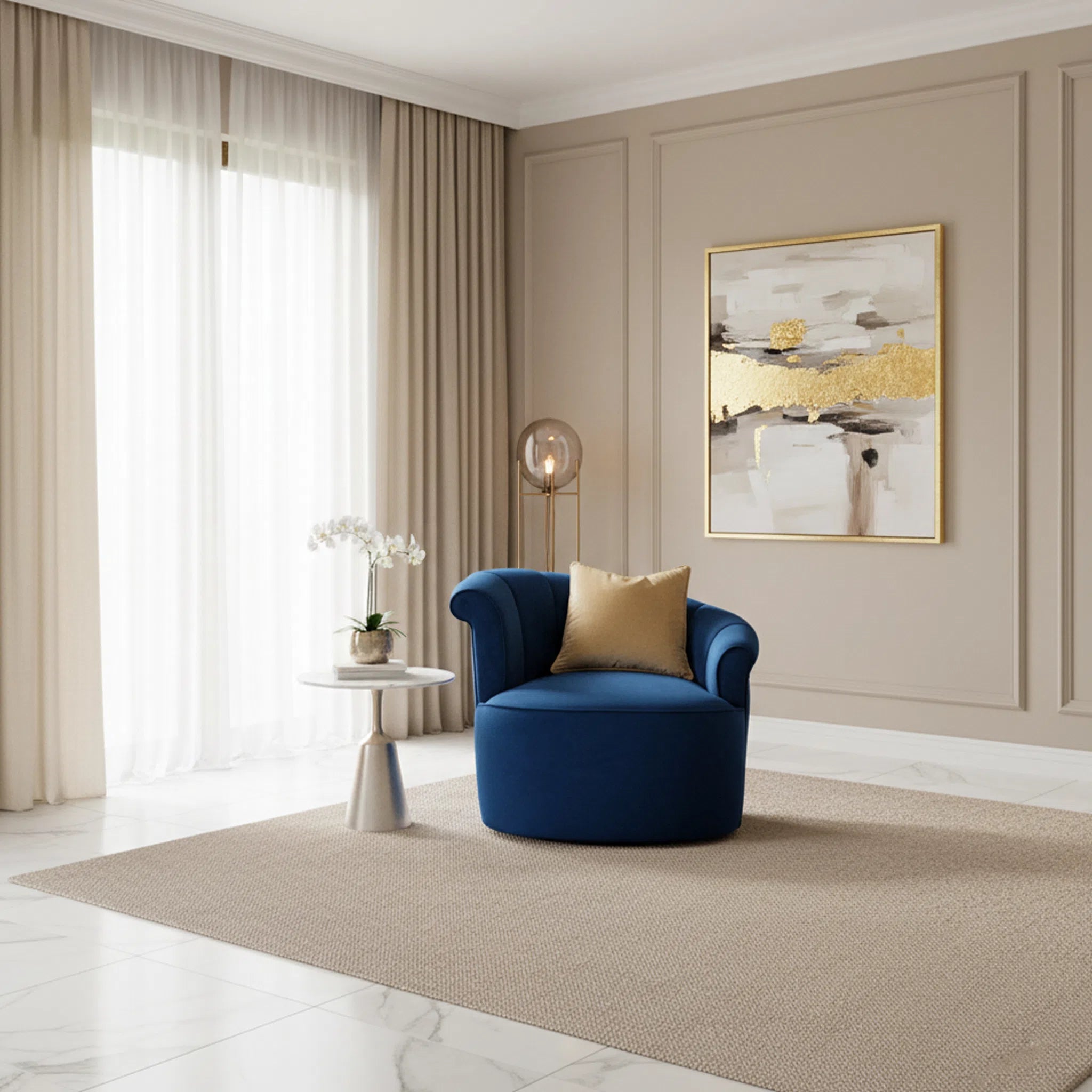Modern living room with a blue armchair, beige rug, and abstract painting.