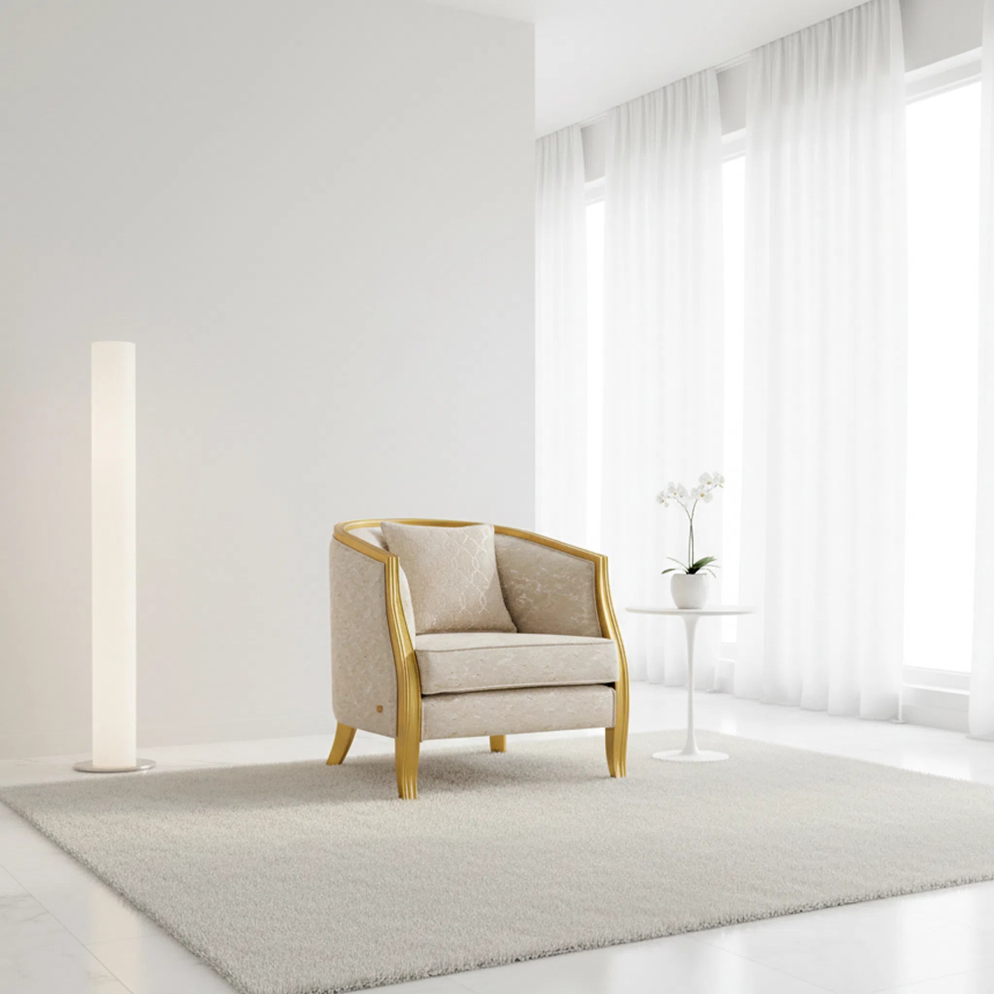 Beige armchair with gold frame in a modern room with white walls and large windows.