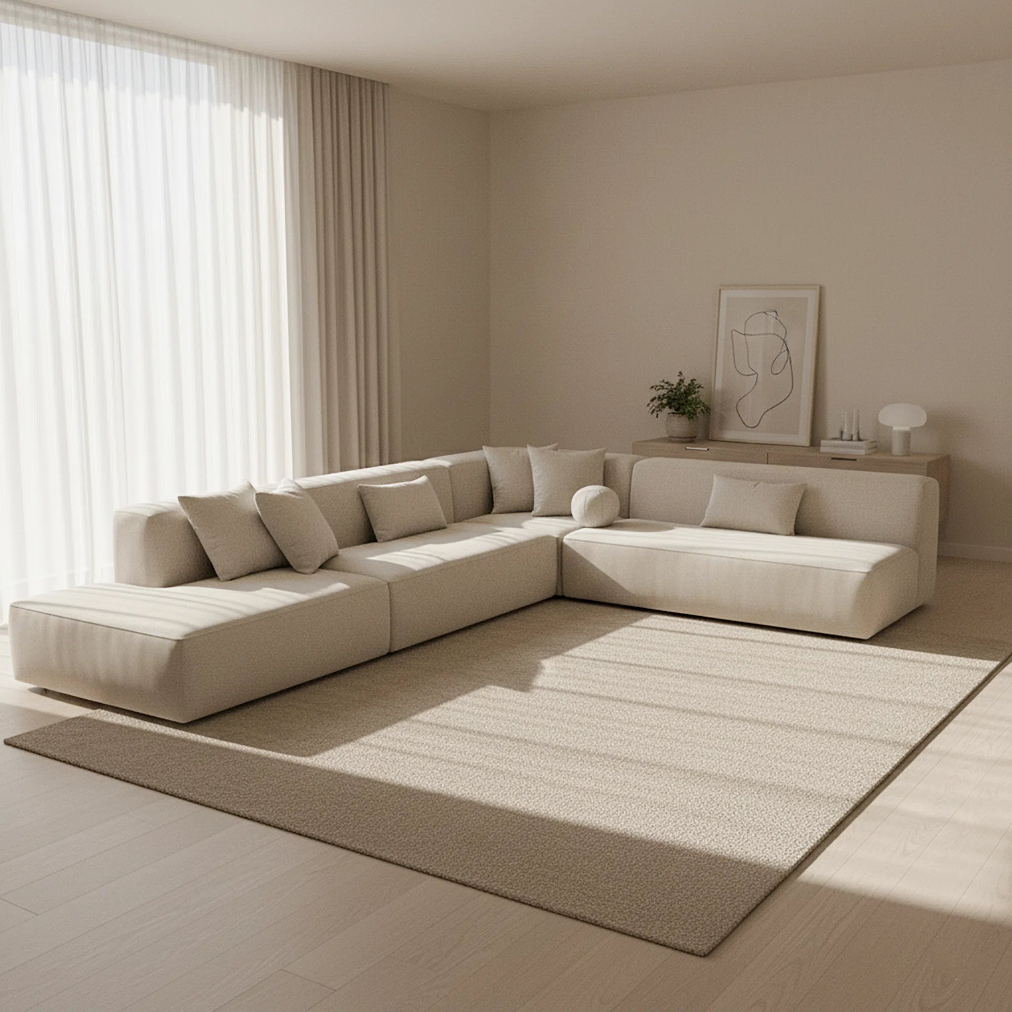 Beige sectional sofa in a modern living room with neutral decor.