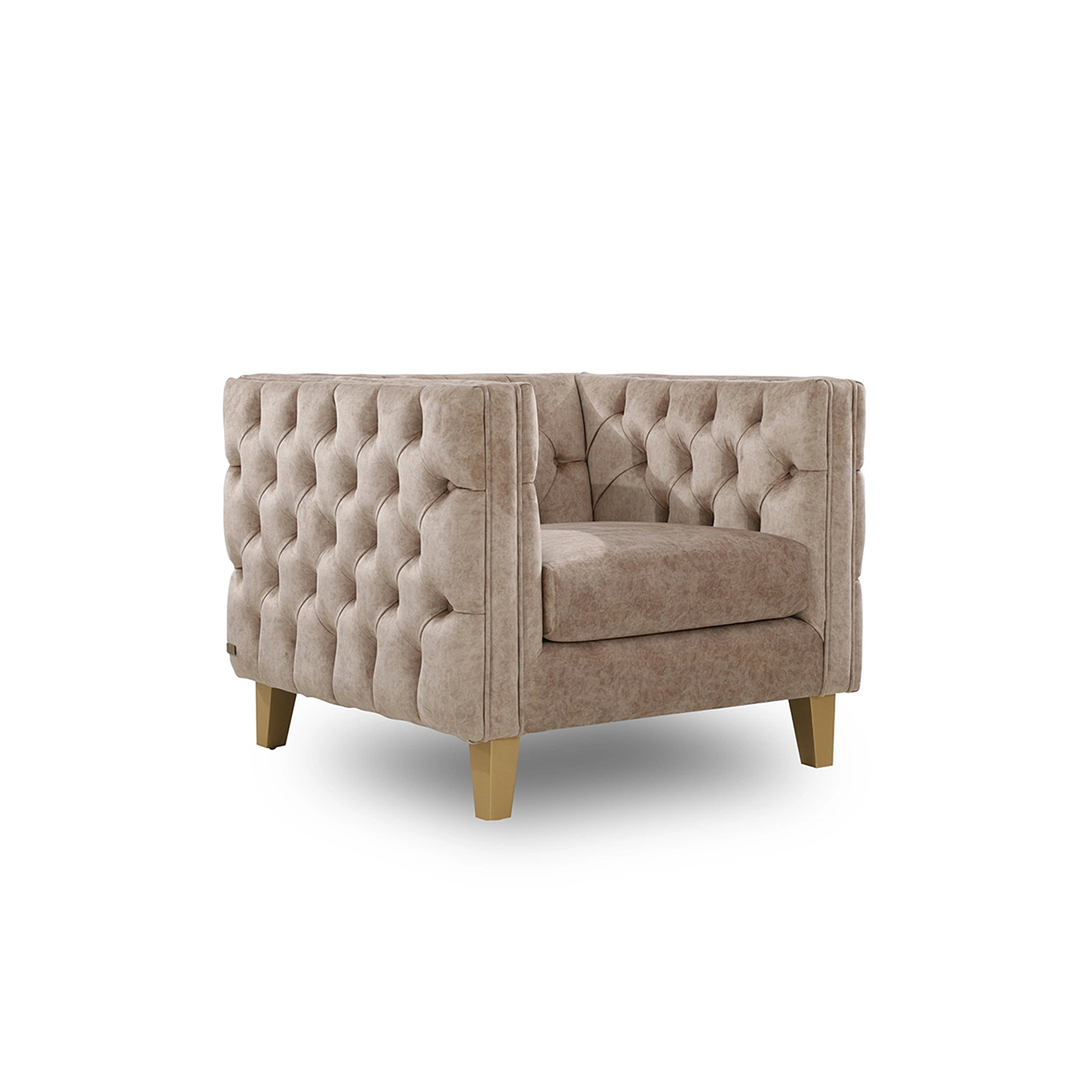 Beige armchair with tufted backrest on a white background