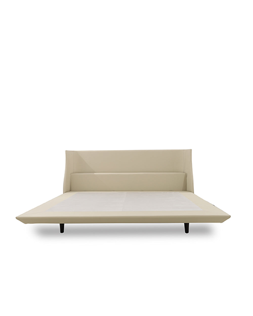 Beige bed with a white mattress on a white background