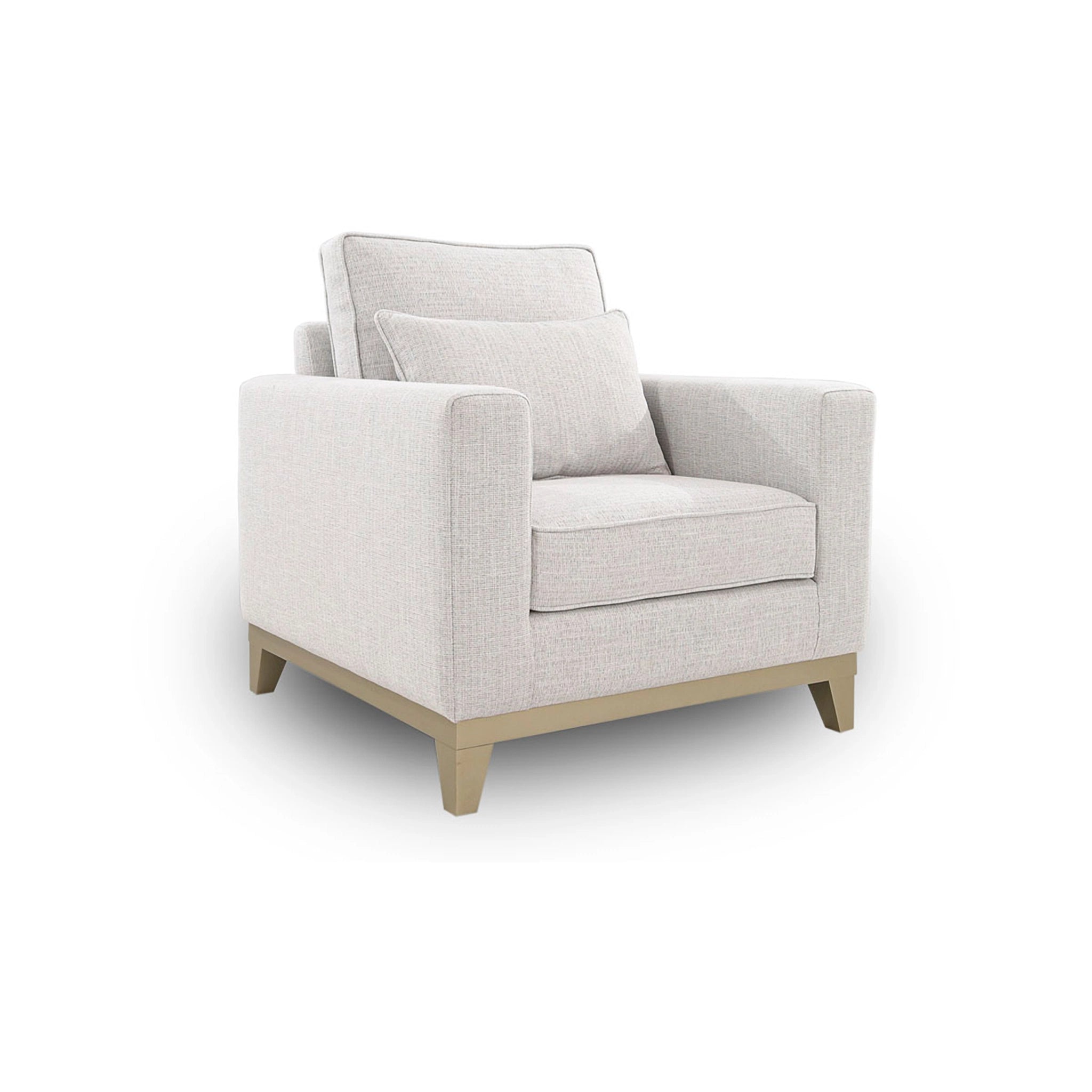 Light gray armchair with wooden legs on a white background