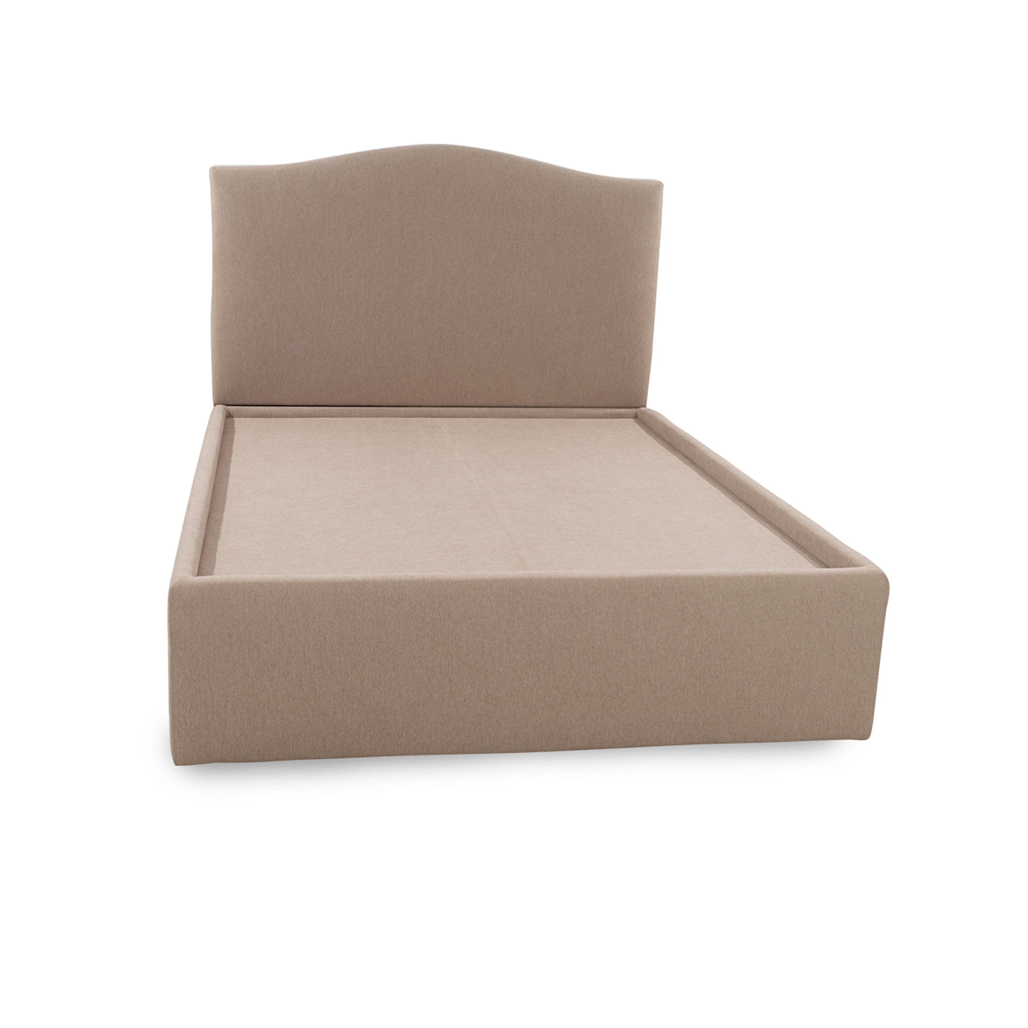 Beige upholstered bed frame on a white background
