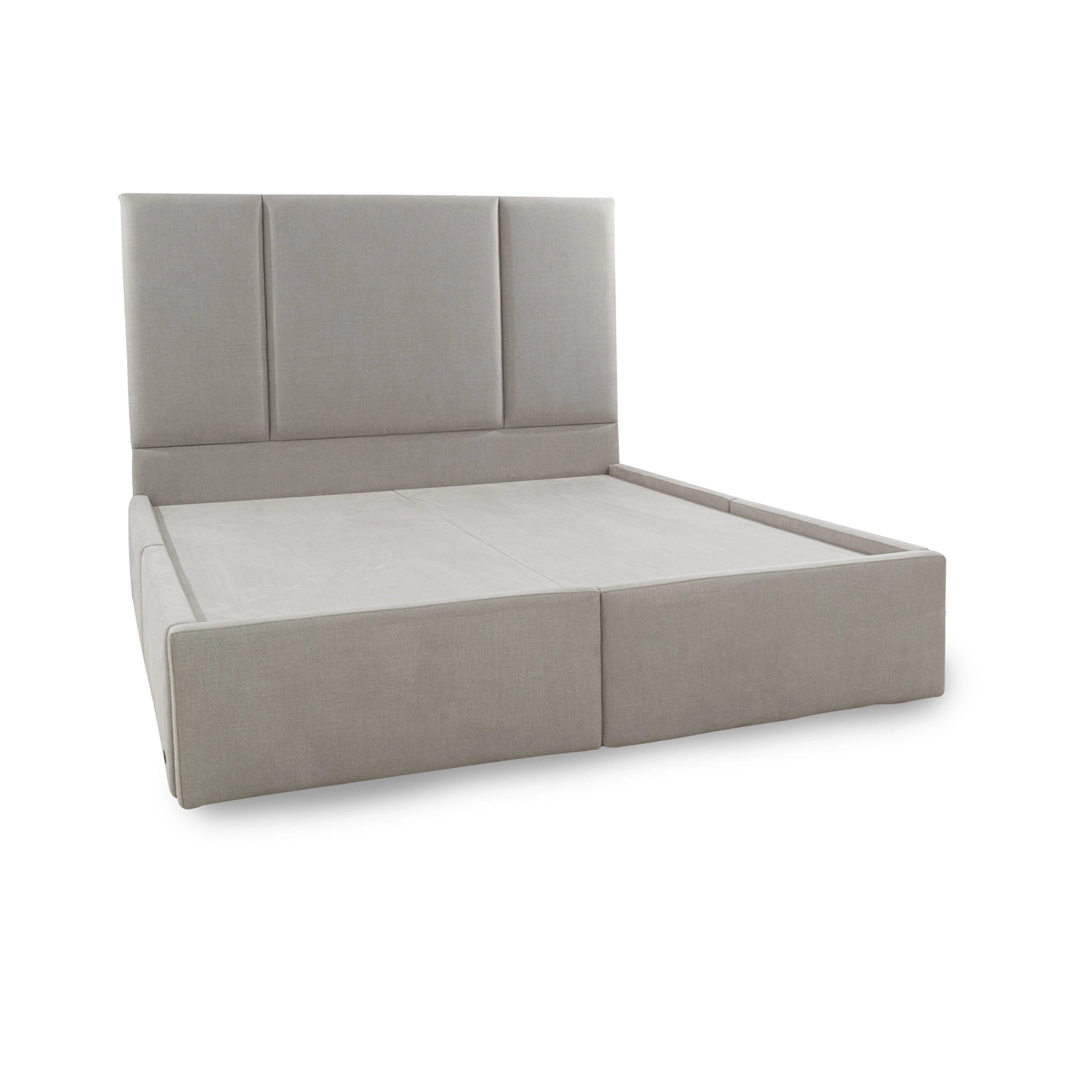 Gray upholstered bed frame on a white background