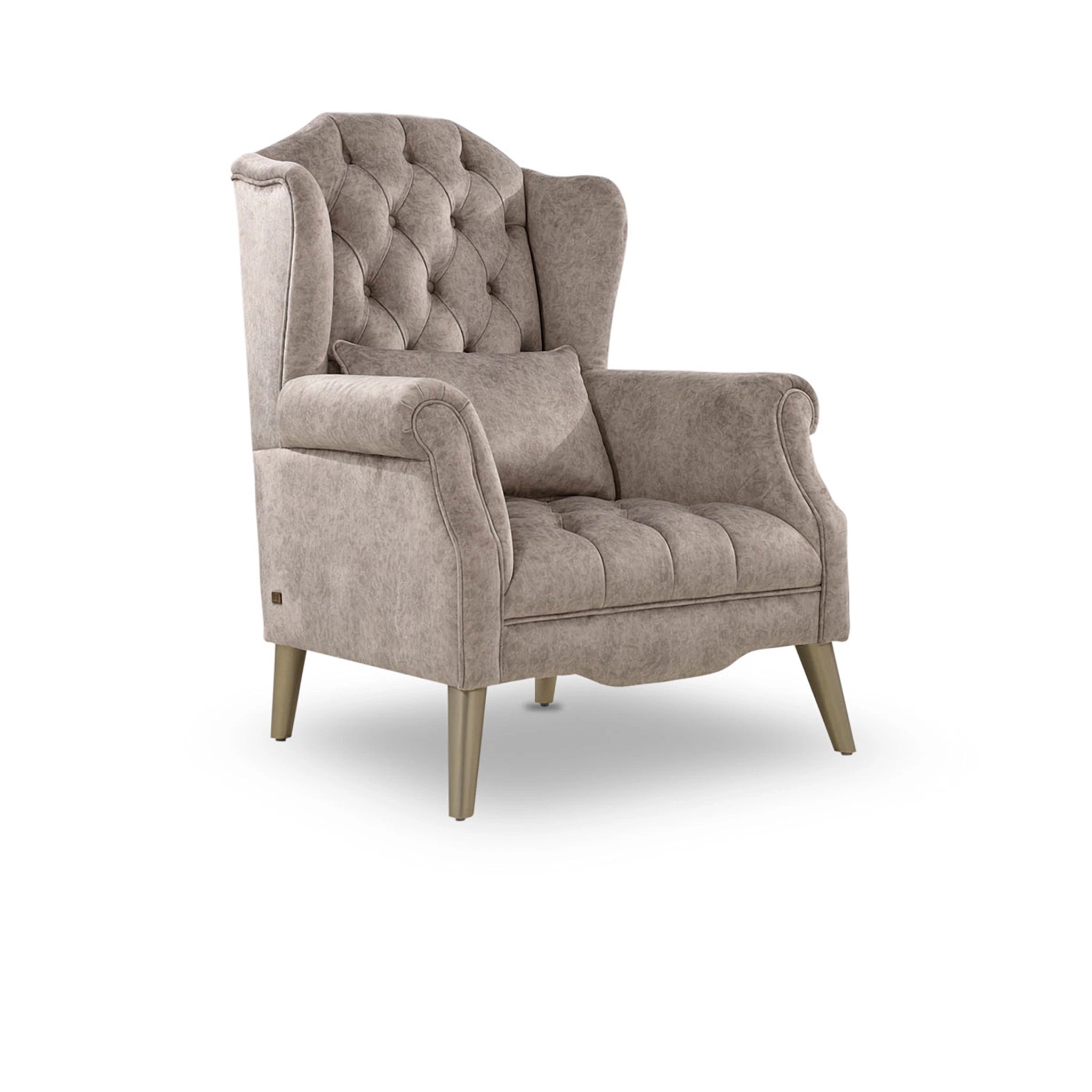 Beige armchair with tufted backrest on a white background