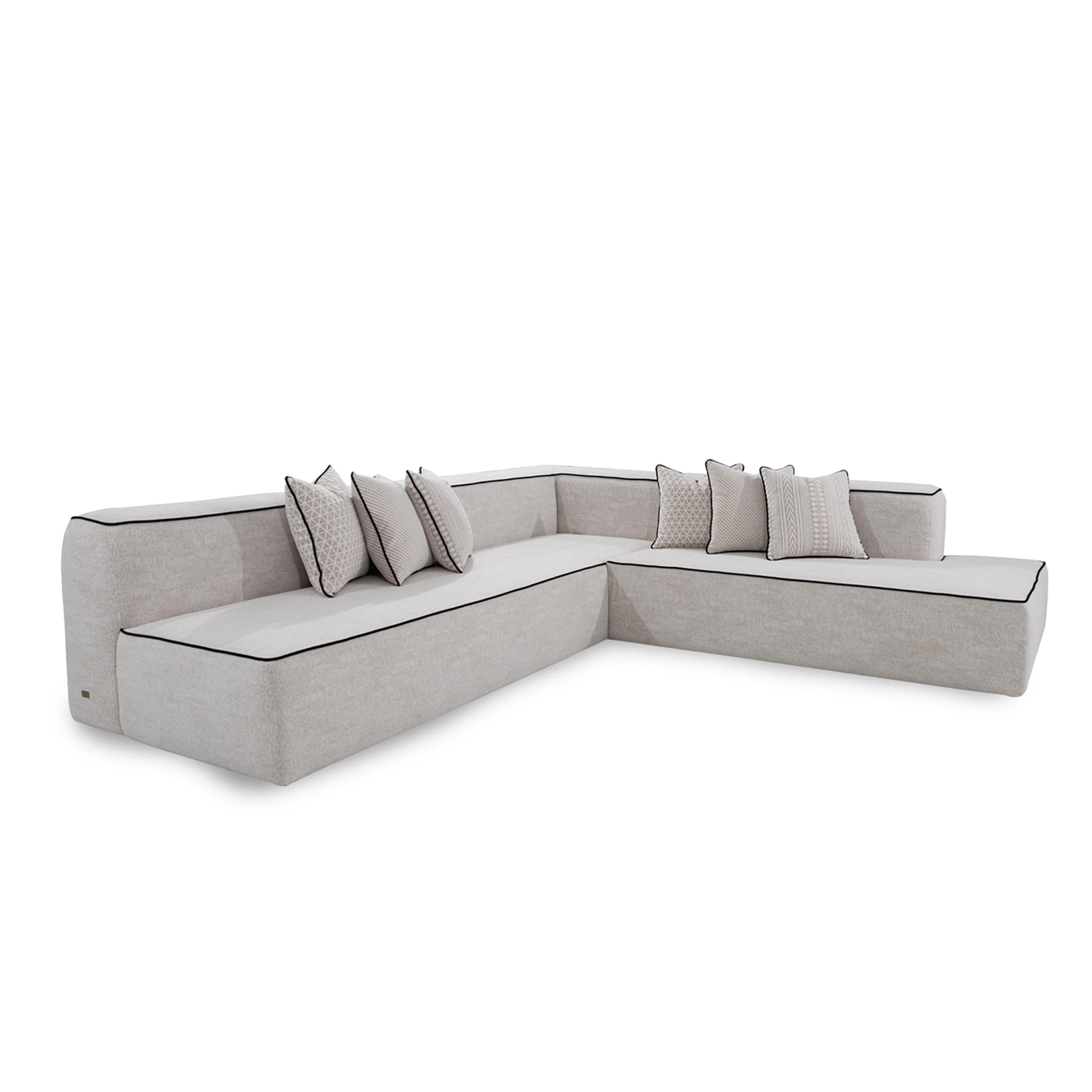 Gray sectional sofa with cushions on a white background