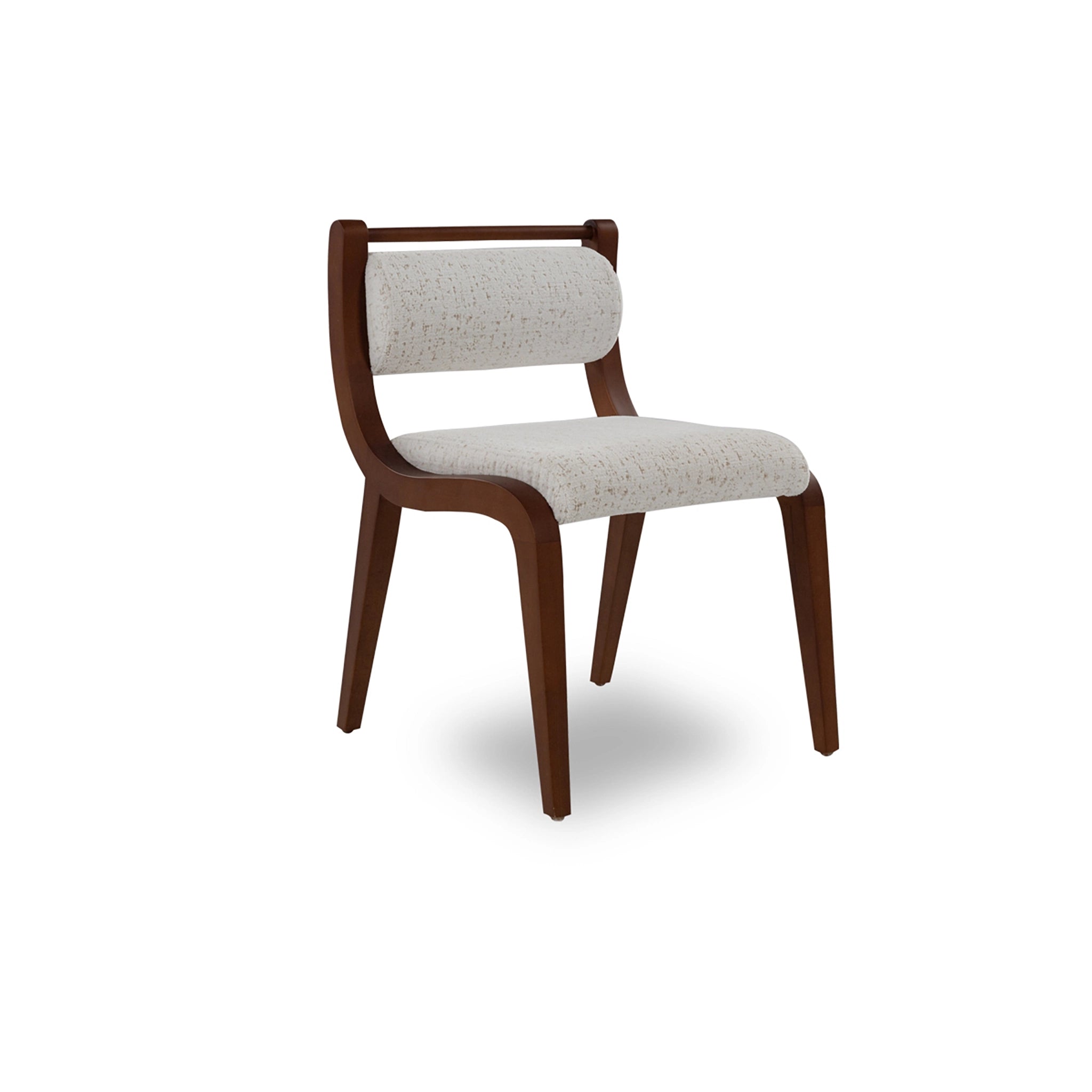 Chair with wooden frame and beige cushioned seat on a white background