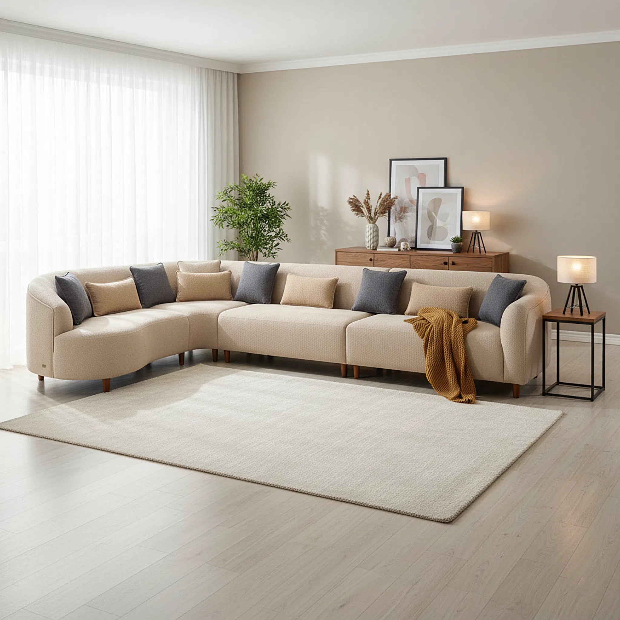 Beige sectional sofa in a living room with decor elements.