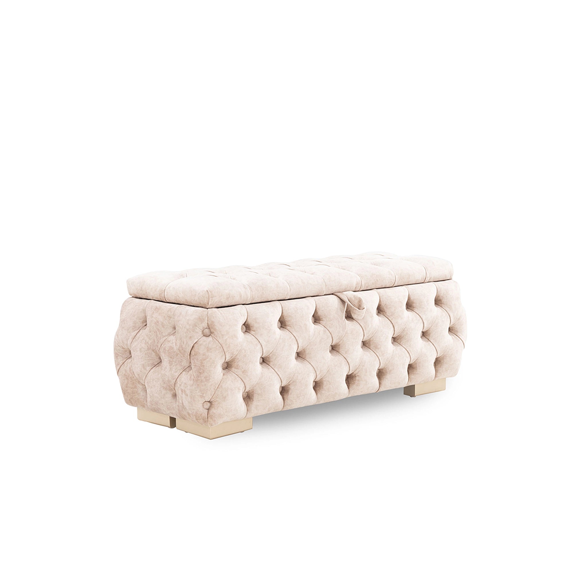 Beige tufted storage bench on a white background