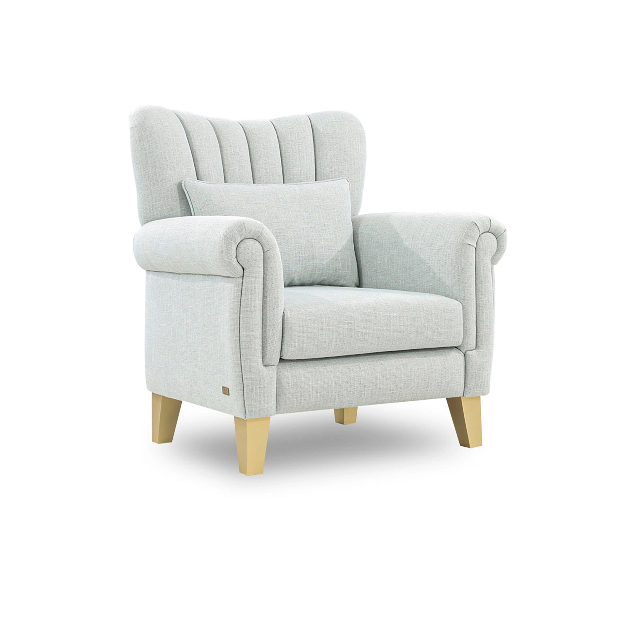 Light gray armchair with wooden legs on a white background